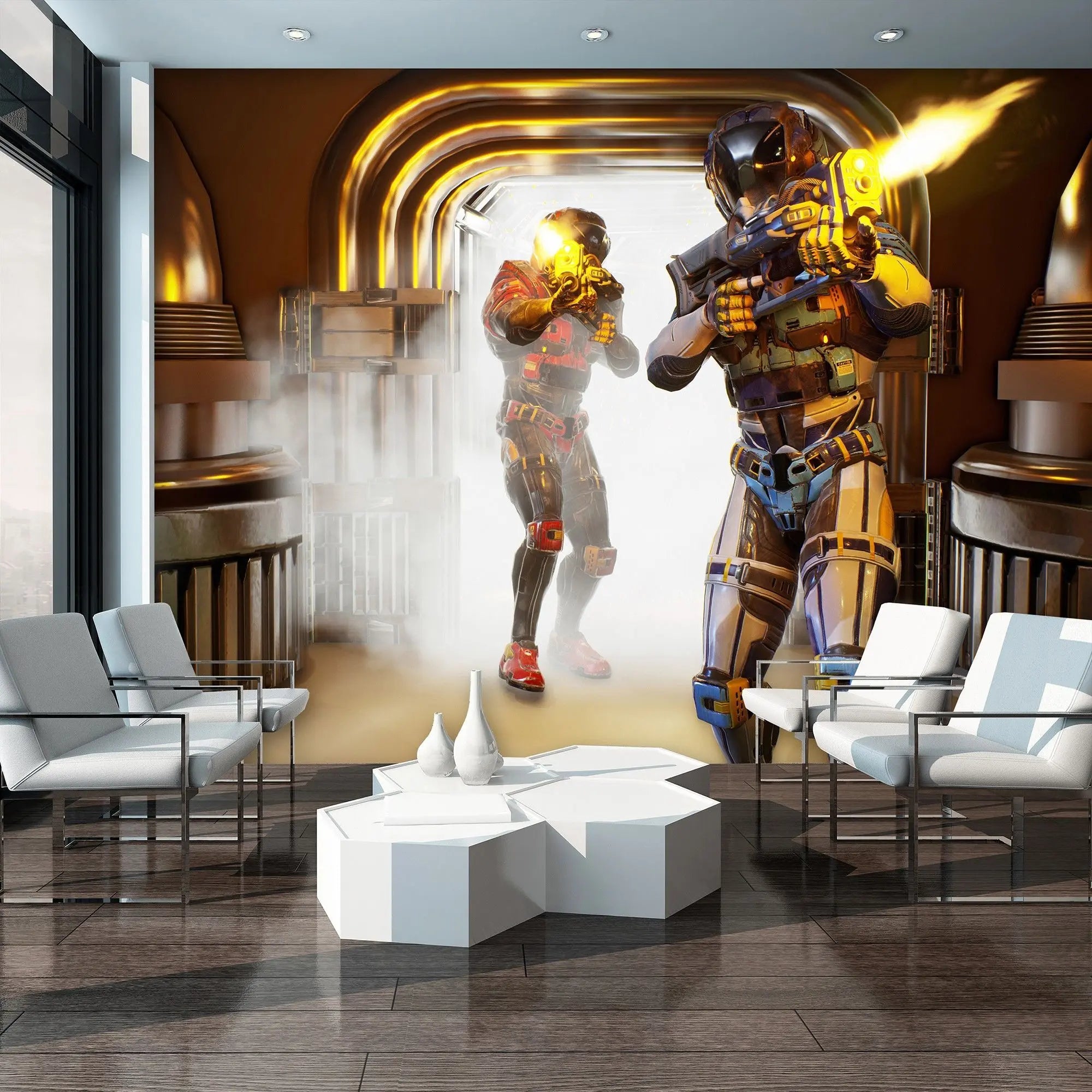 Billede 7 af Fototapet - To futuristiske soldater i rustning med skydevåben i metalgang