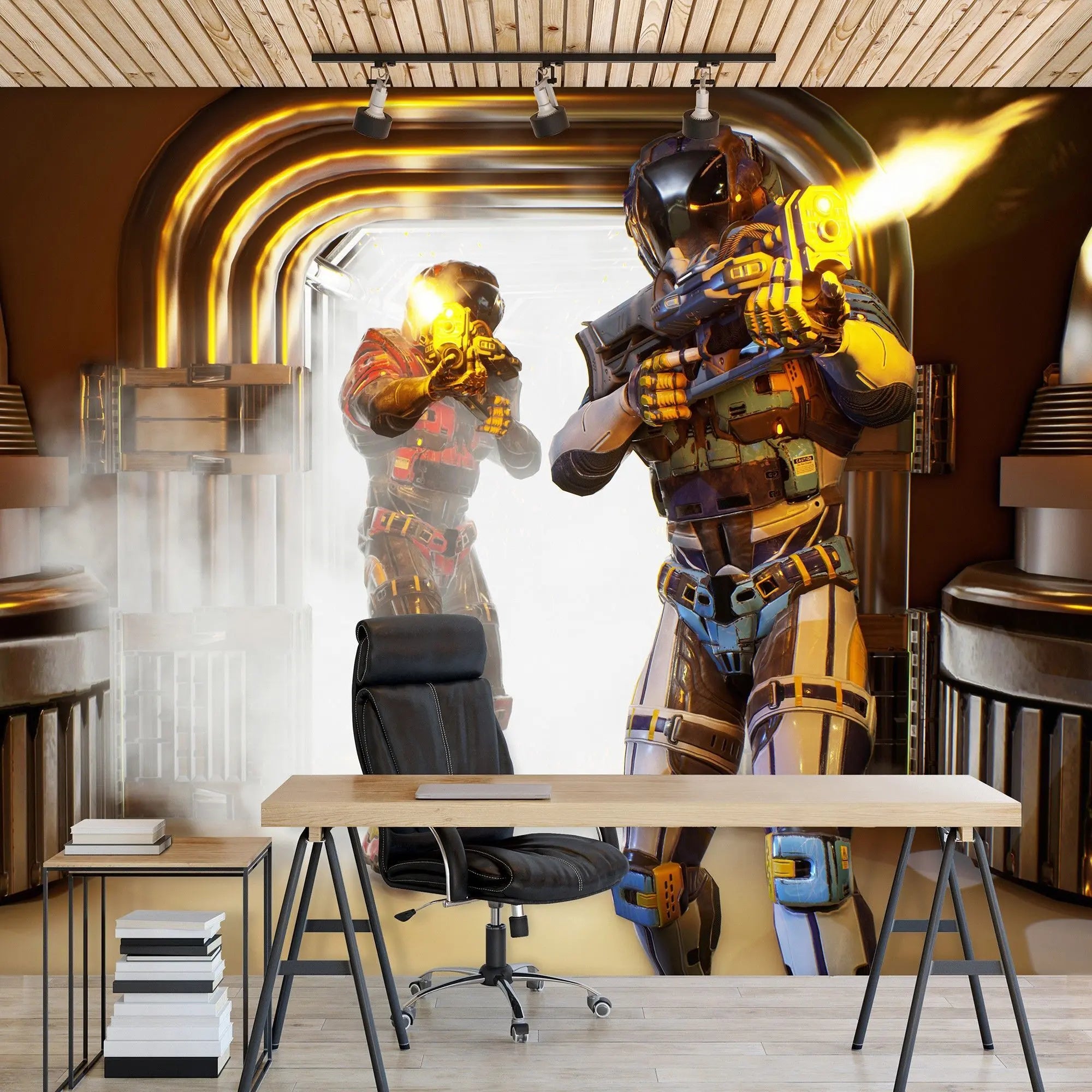 Billede 8 af Fototapet - To futuristiske soldater i rustning med skydevåben i metalgang