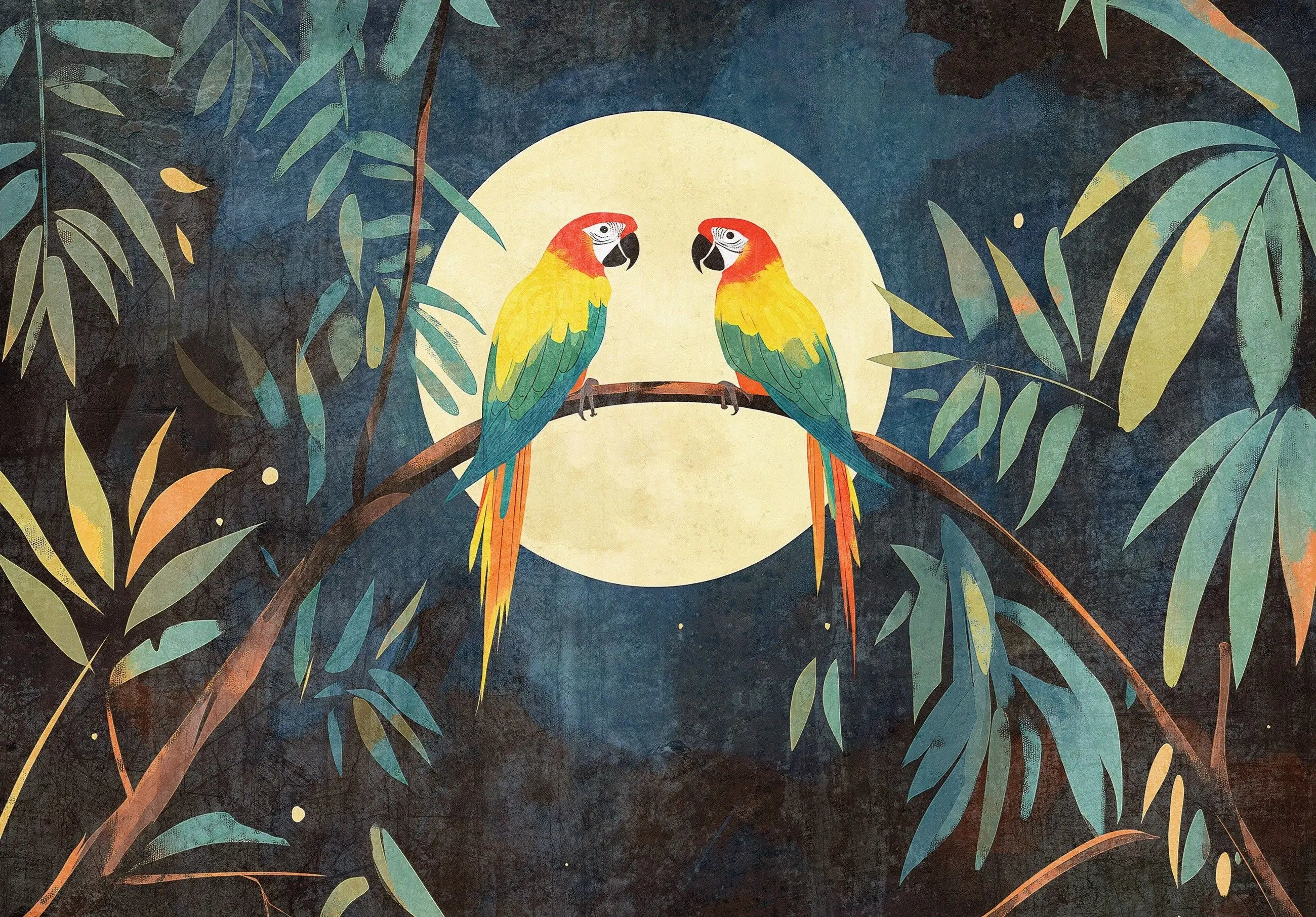 Billede 1 af Fototapet - To papegøjer på gren med fuldmånebaggrund