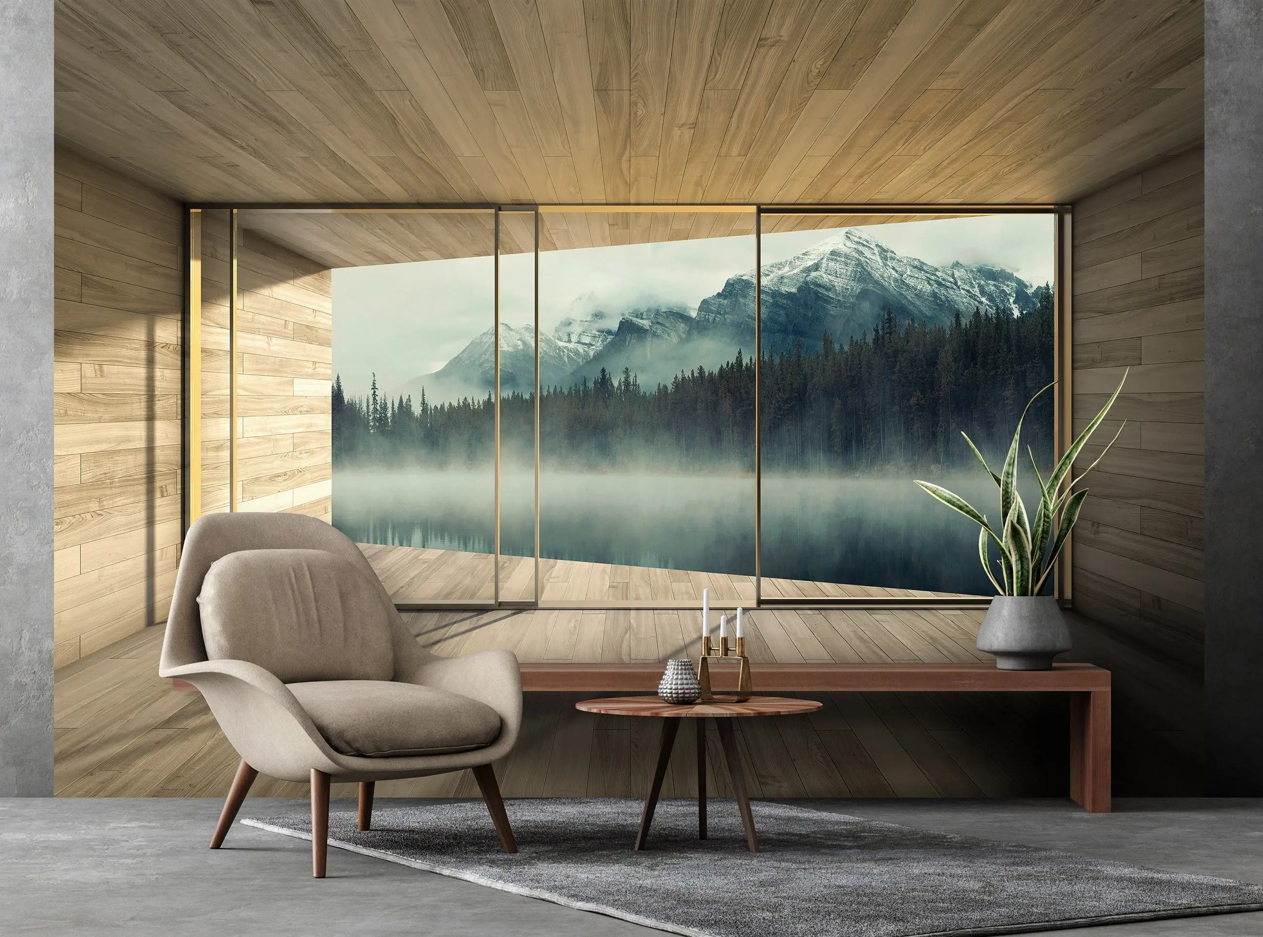 Billede 3 af Fototapet - Træbeklædt værelse med udsigt til tåget sø og bjerge
