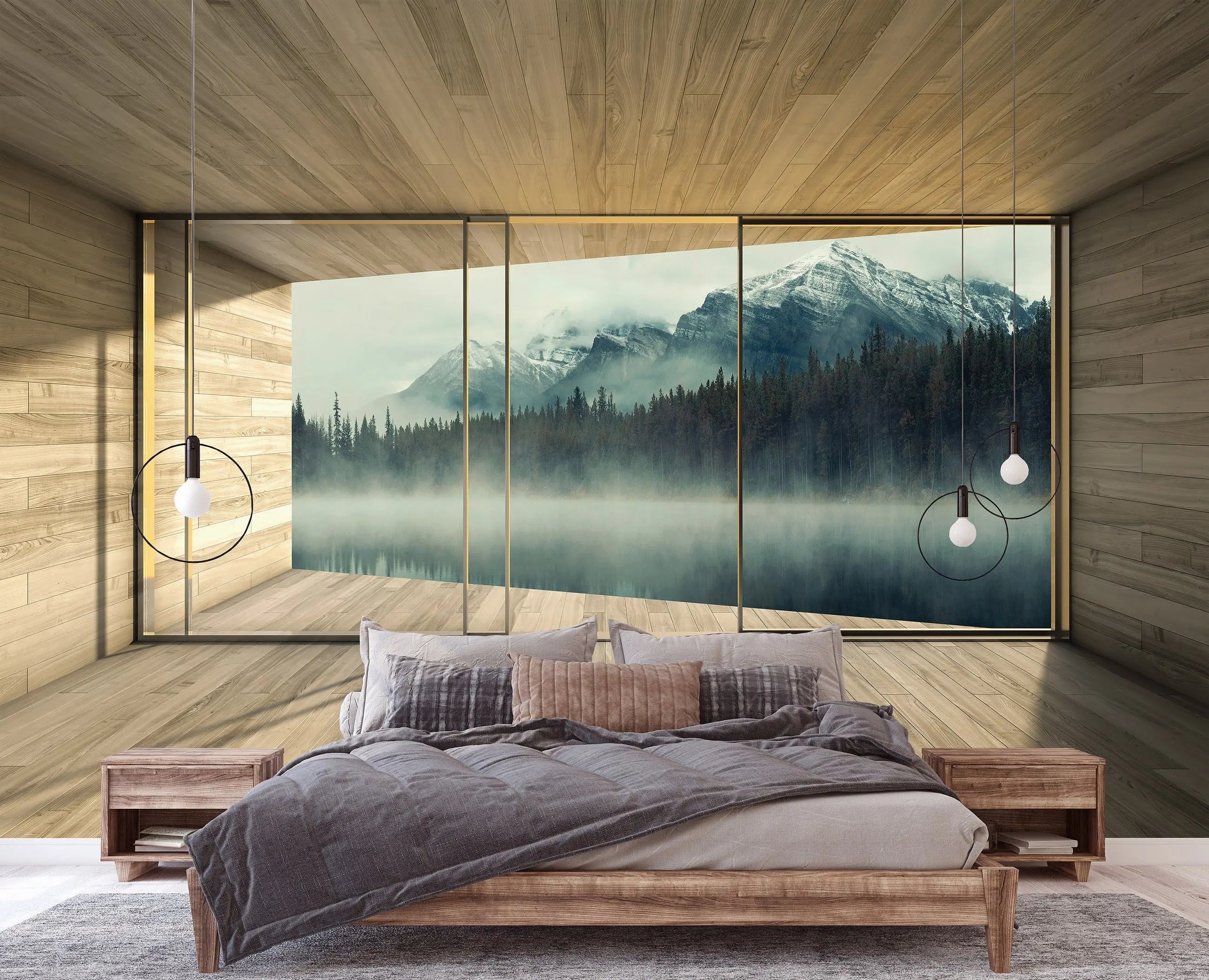 Billede 4 af Fototapet - Træbeklædt værelse med udsigt til tåget sø og bjerge