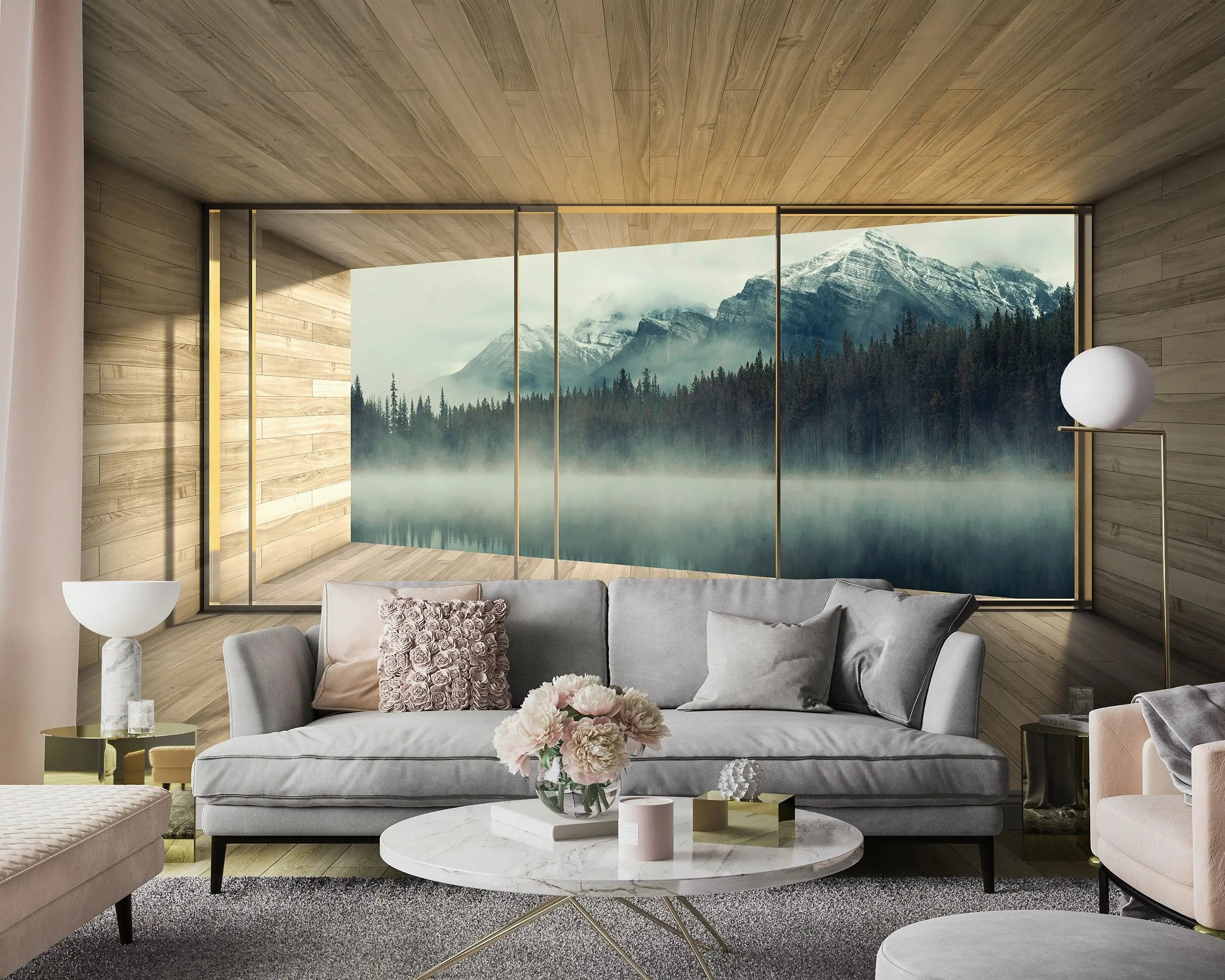 Billede 5 af Fototapet - Træbeklædt værelse med udsigt til tåget sø og bjerge