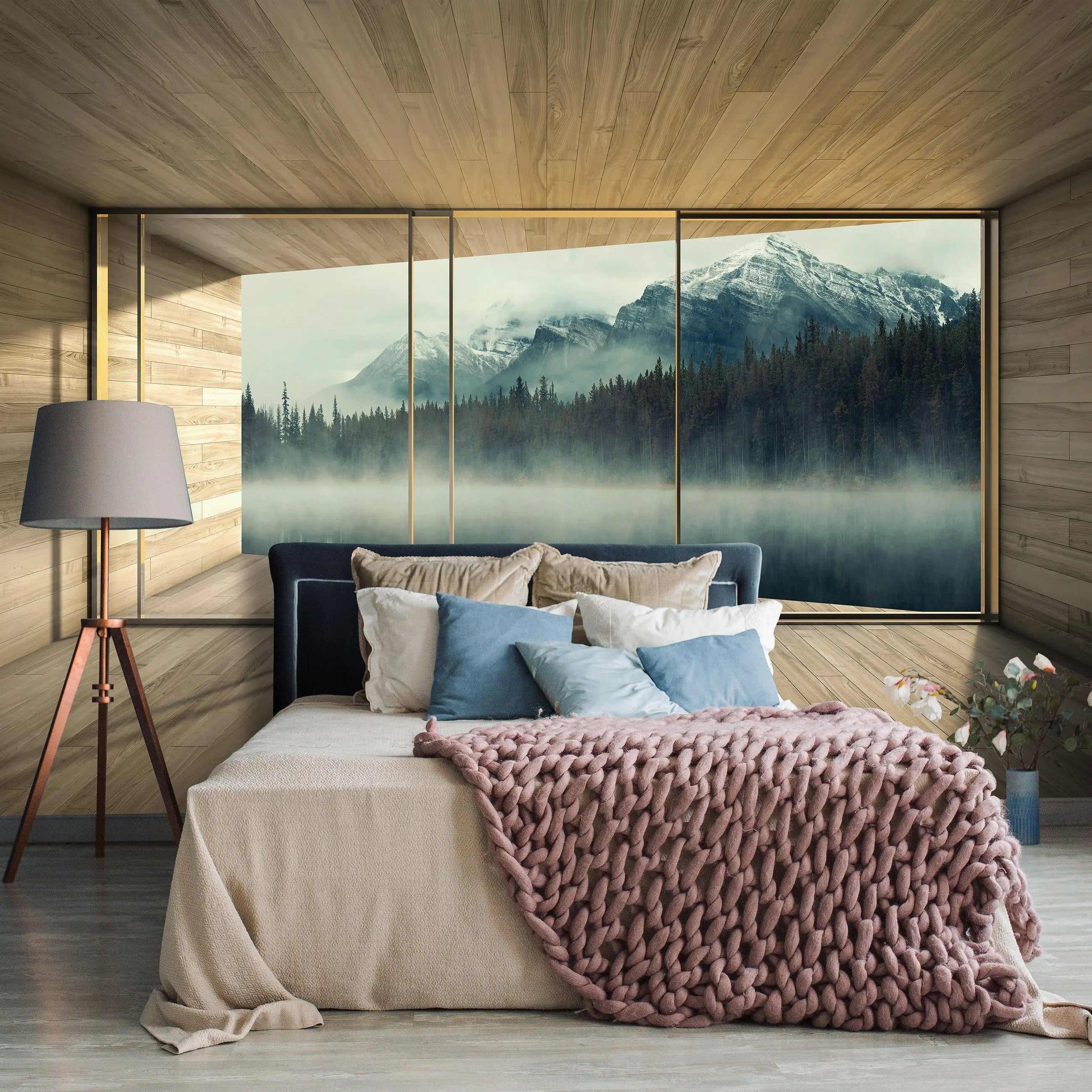 Billede 6 af Fototapet - Træbeklædt værelse med udsigt til tåget sø og bjerge