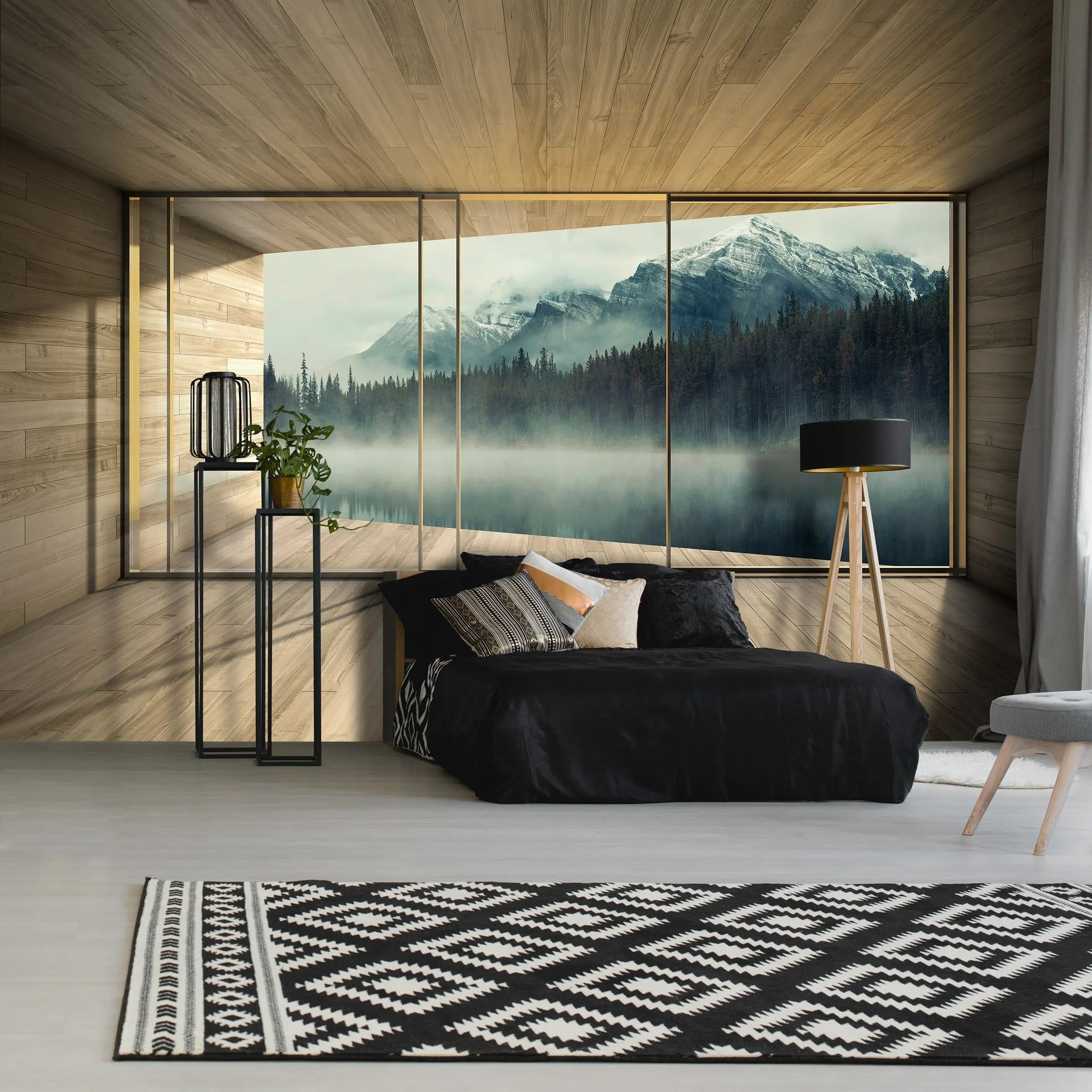 Billede 7 af Fototapet - Træbeklædt værelse med udsigt til tåget sø og bjerge