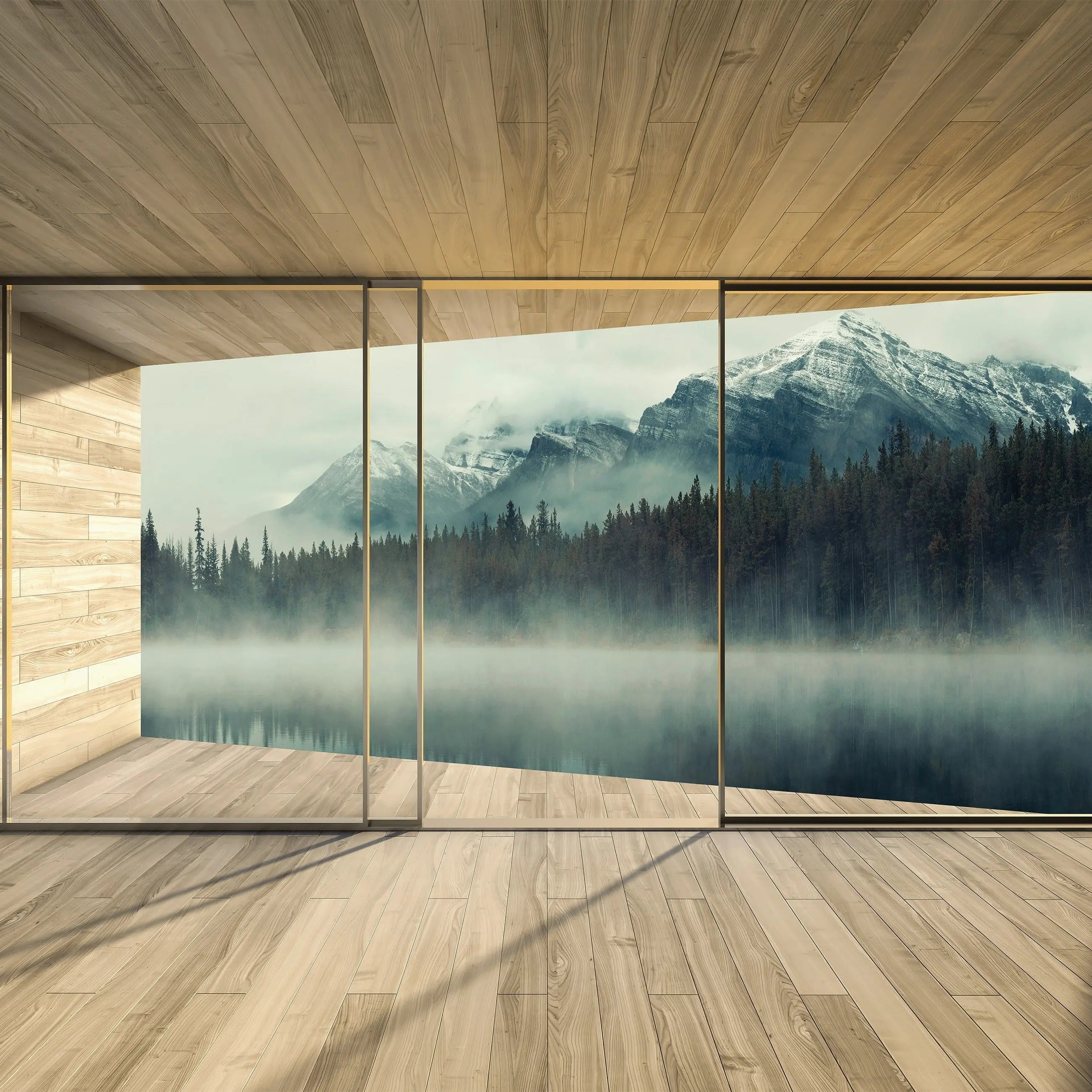 Billede 8 af Fototapet - Træbeklædt værelse med udsigt til tåget sø og bjerge