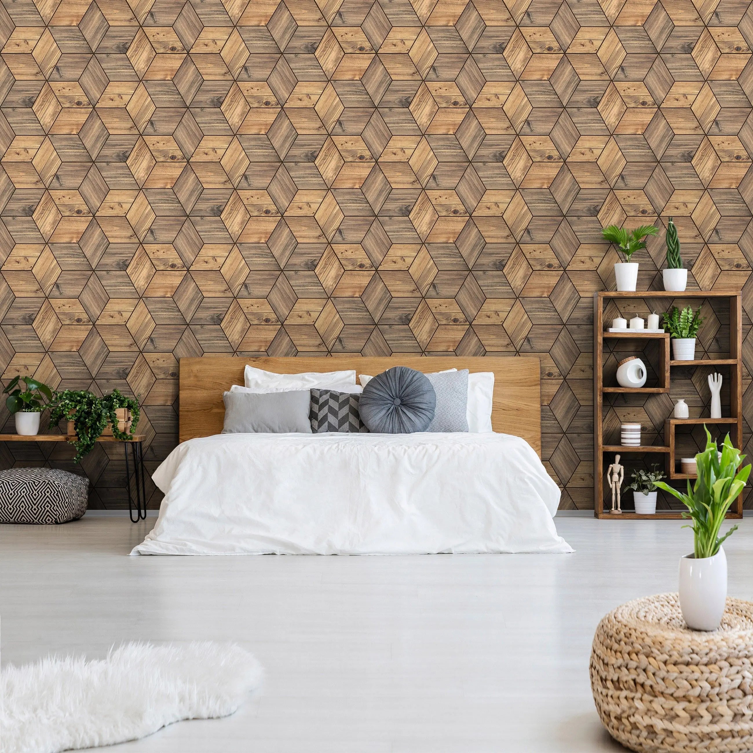 Billede 6 af Fototapet - Træfinér i tredimensionelt kube-mønster