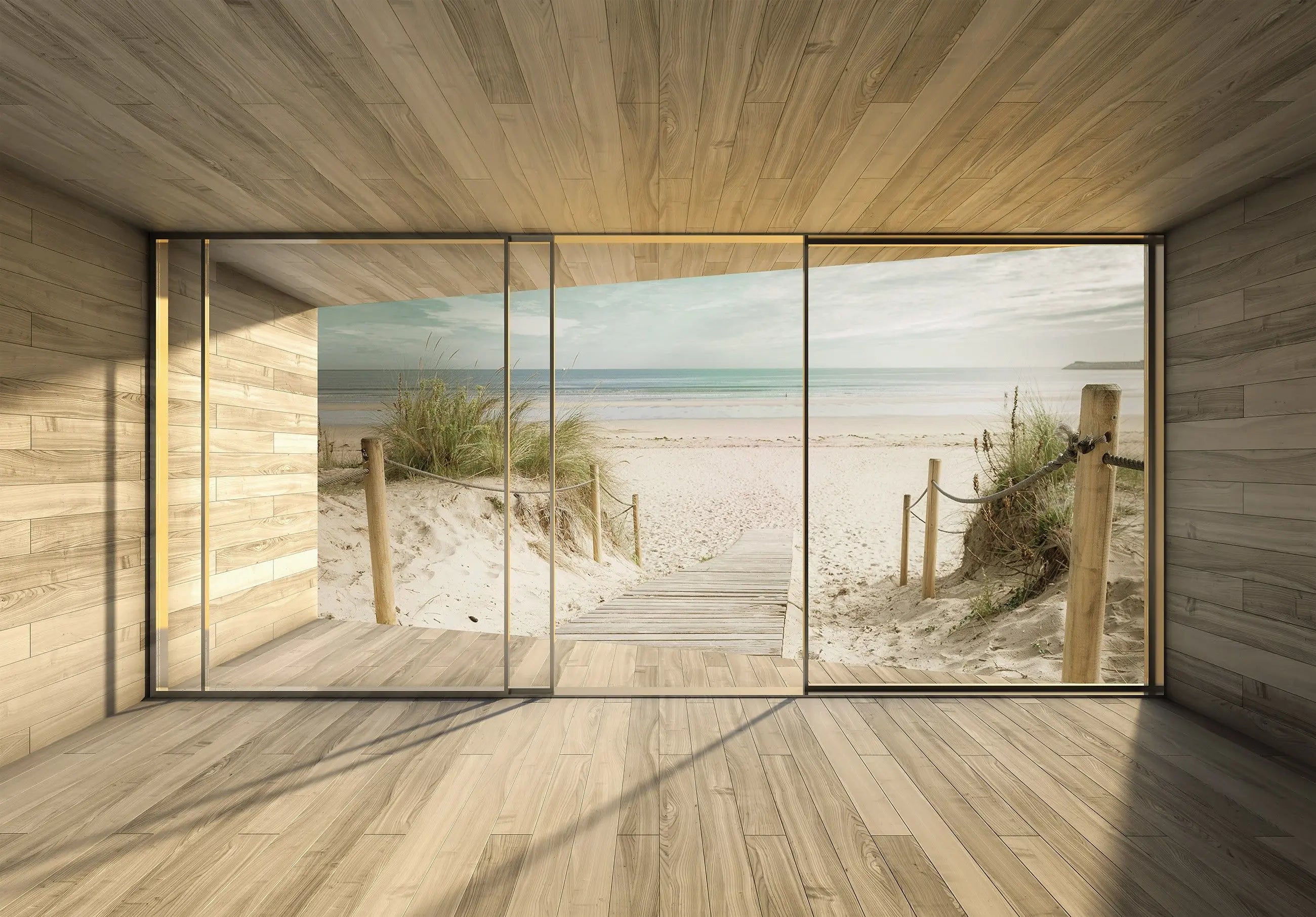 Billede 7 af Fototapet - Trægulv og trævægge med udsigt til strand og hav gennem glas