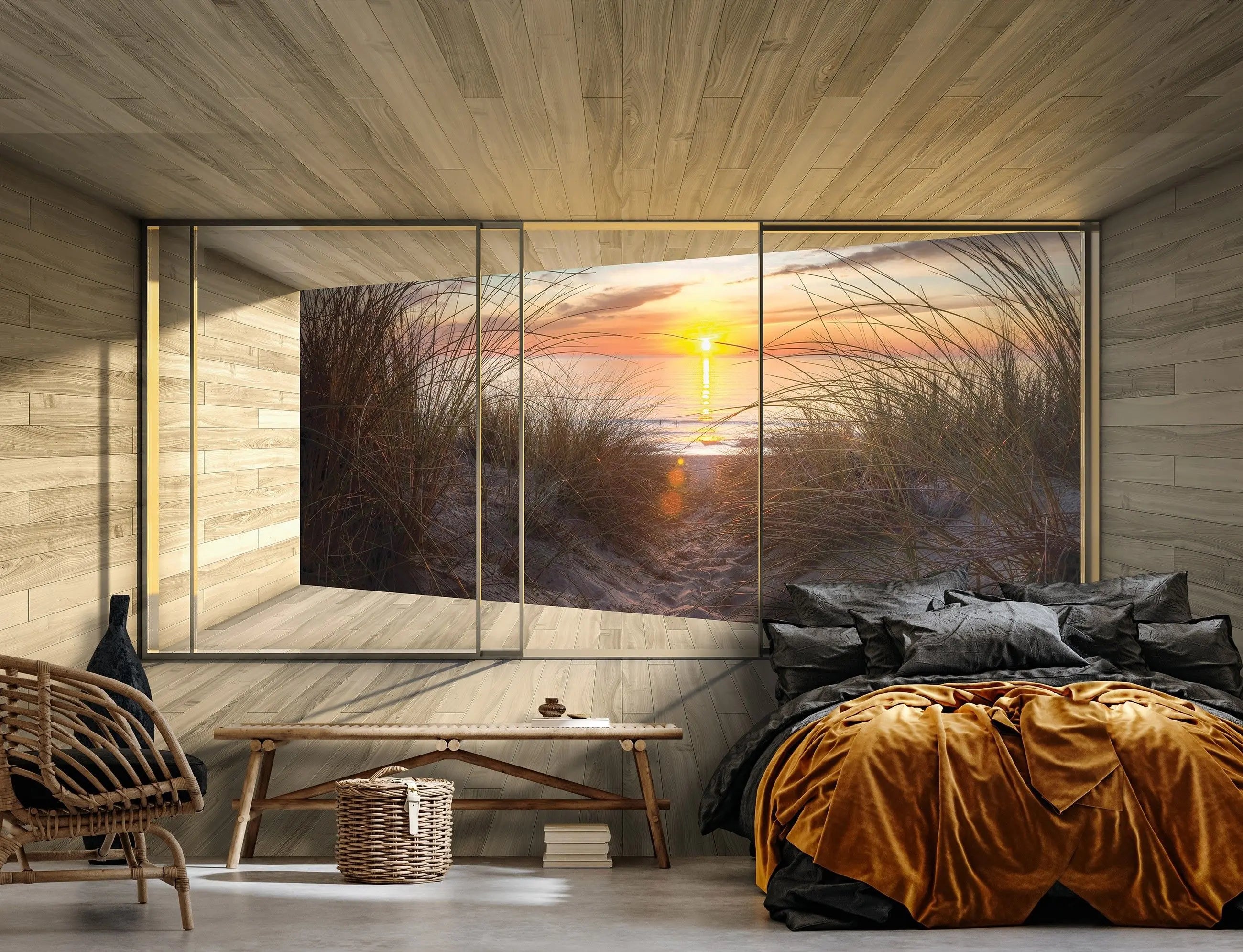 Billede 4 af Fototapet - Trægulv og vægge med panorama-solnedgang over sandklitter