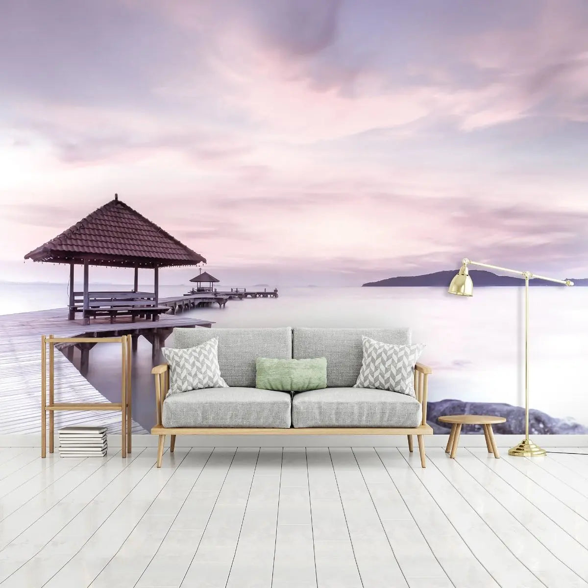 Billede 4 af Fototapet - Træmole med halmtagshytter ved havet i solnedgang