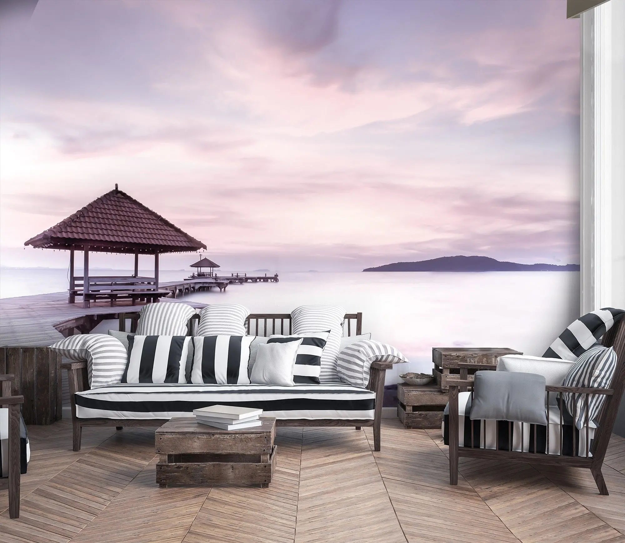 Billede 9 af Fototapet - Træmole med halmtagshytter ved havet i solnedgang