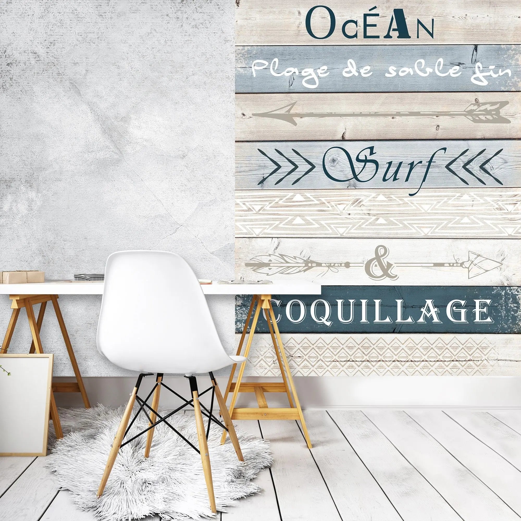 Billede 3 af Fototapet - Træplanker med tekst om strand og surf