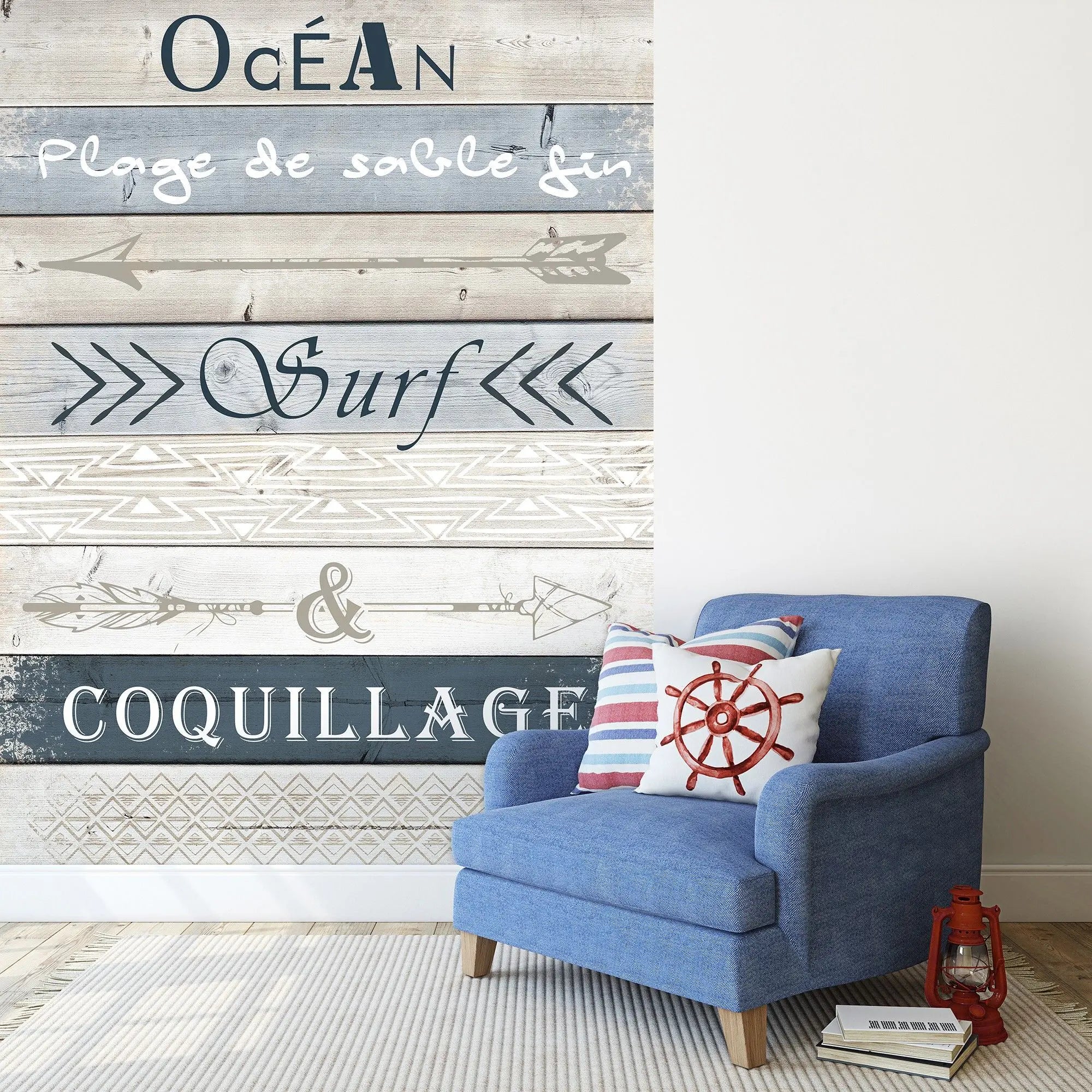 Billede 4 af Fototapet - Træplanker med tekst om strand og surf