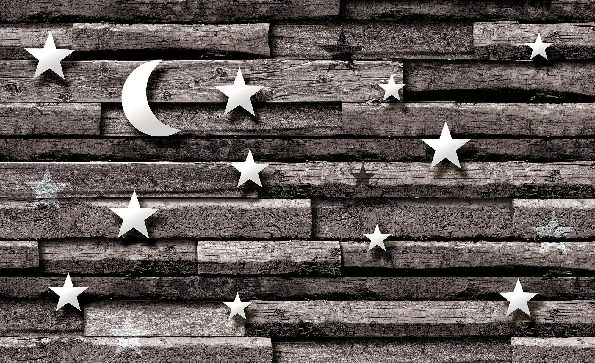 Billede 1 af Fototapet - Trævæg med hvide stjerner og måne