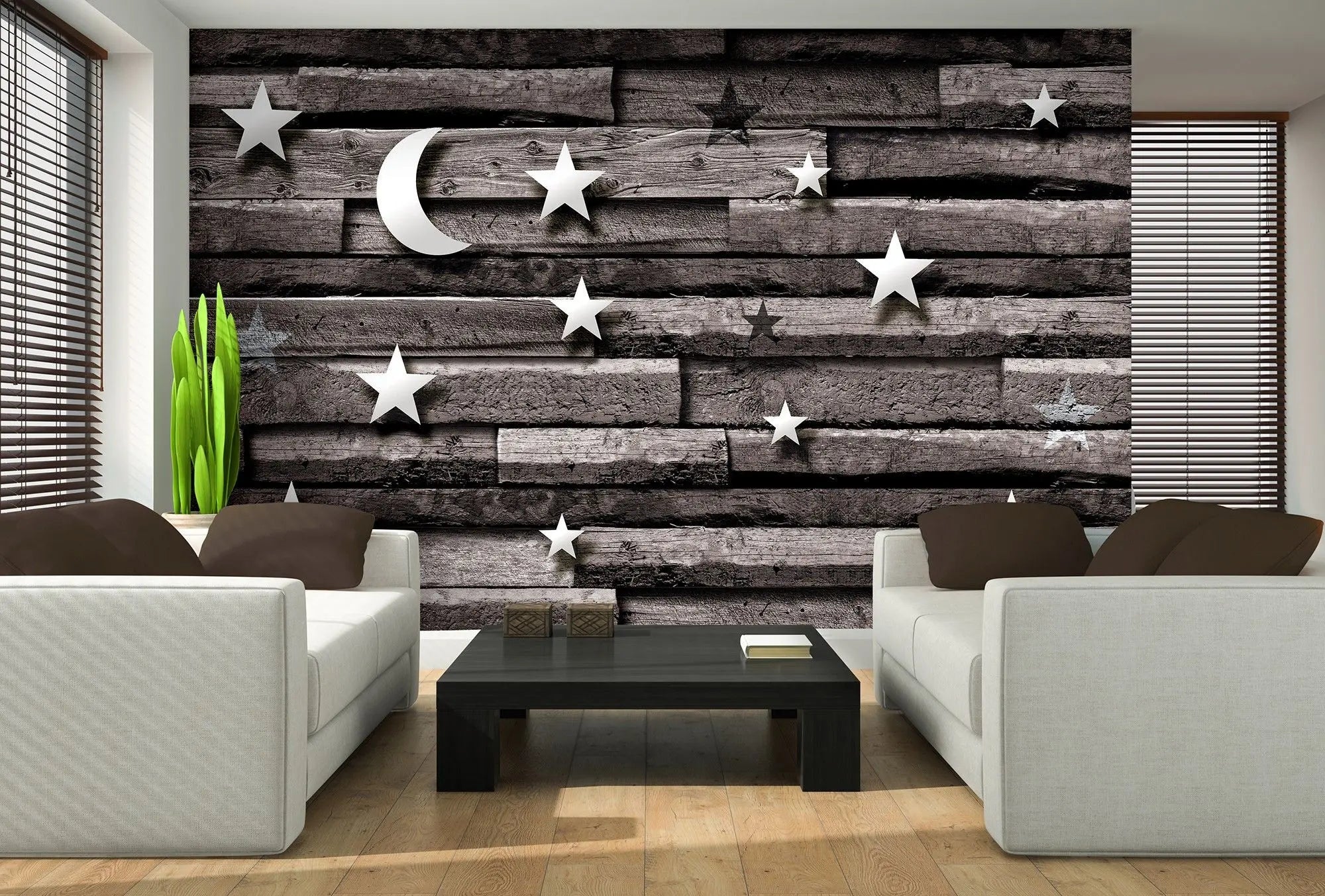 Billede 2 af Fototapet - Trævæg med hvide stjerner og måne