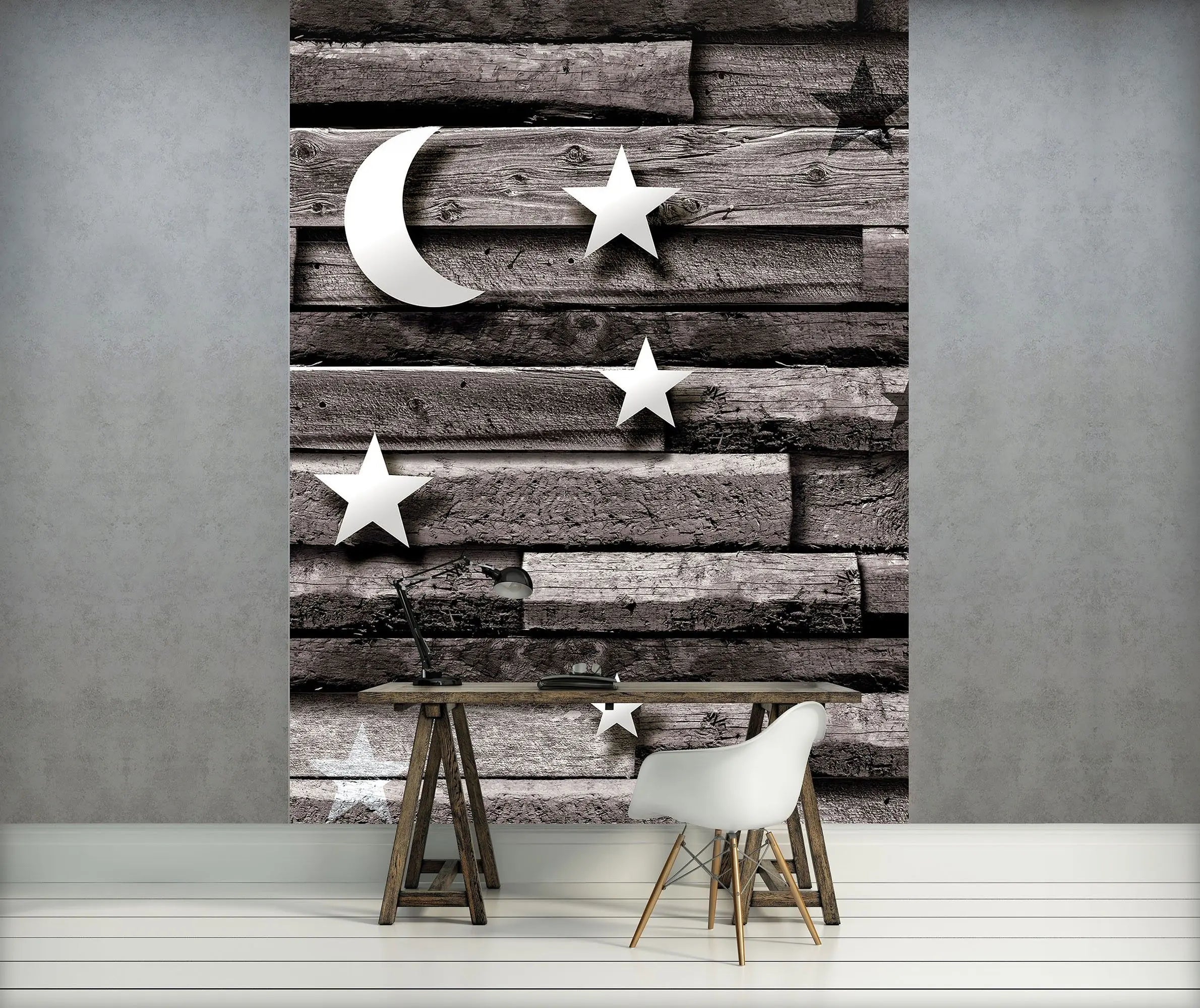 Billede 7 af Fototapet - Trævæg med hvide stjerner og måne