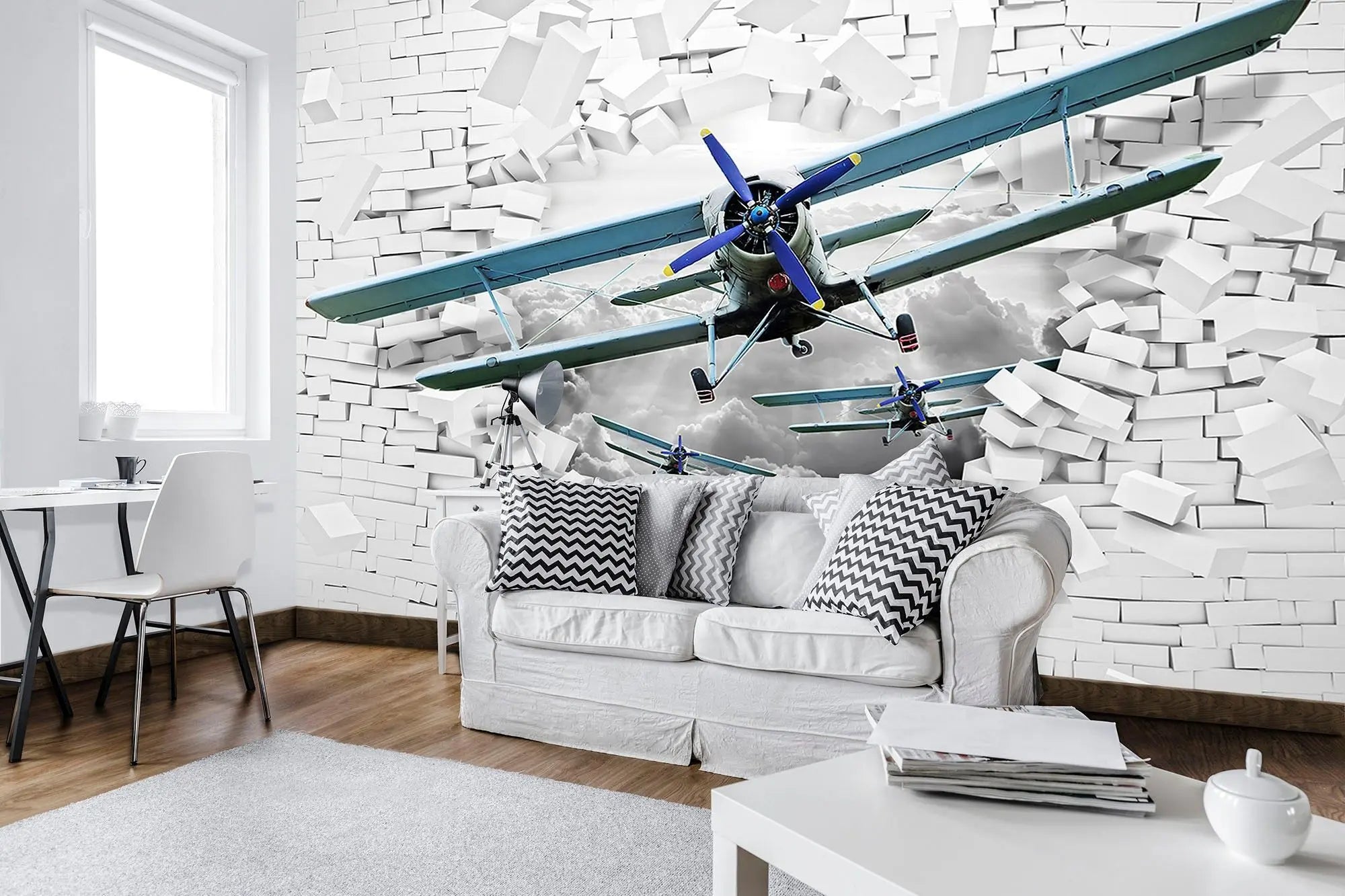 Billede 3 af Fototapet - Tre blå biplan bryder gennem hvid mur