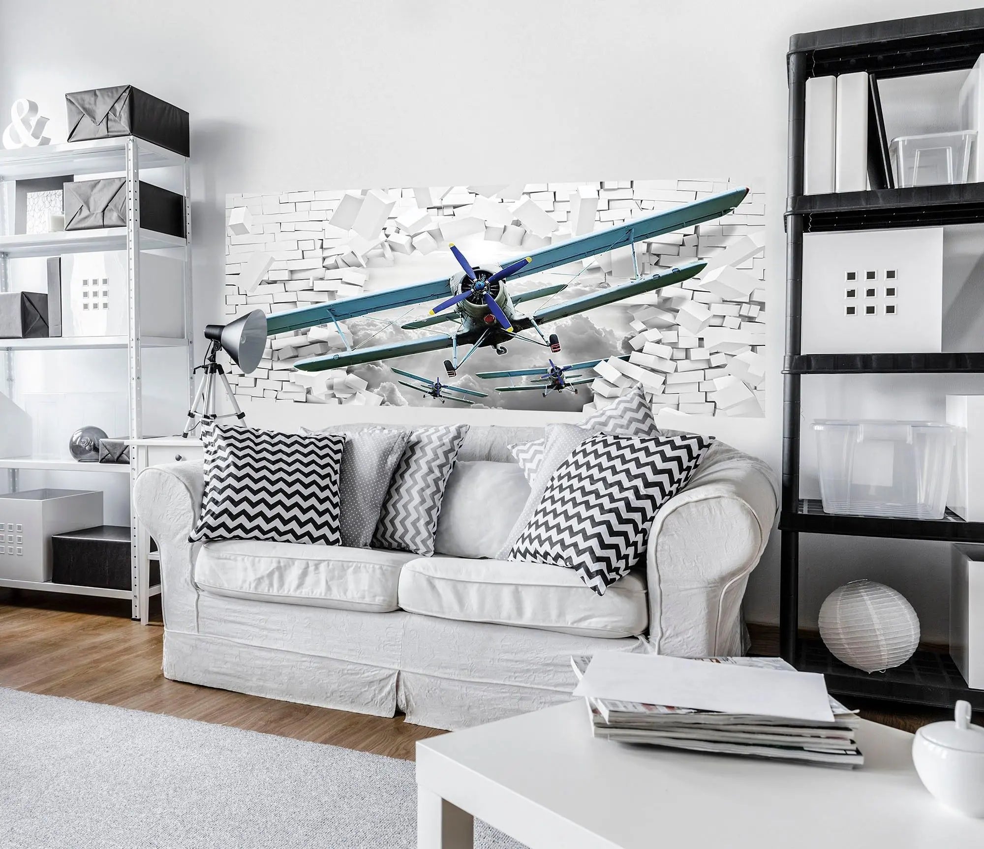 Billede 9 af Fototapet - Tre blå biplan bryder gennem hvid mur