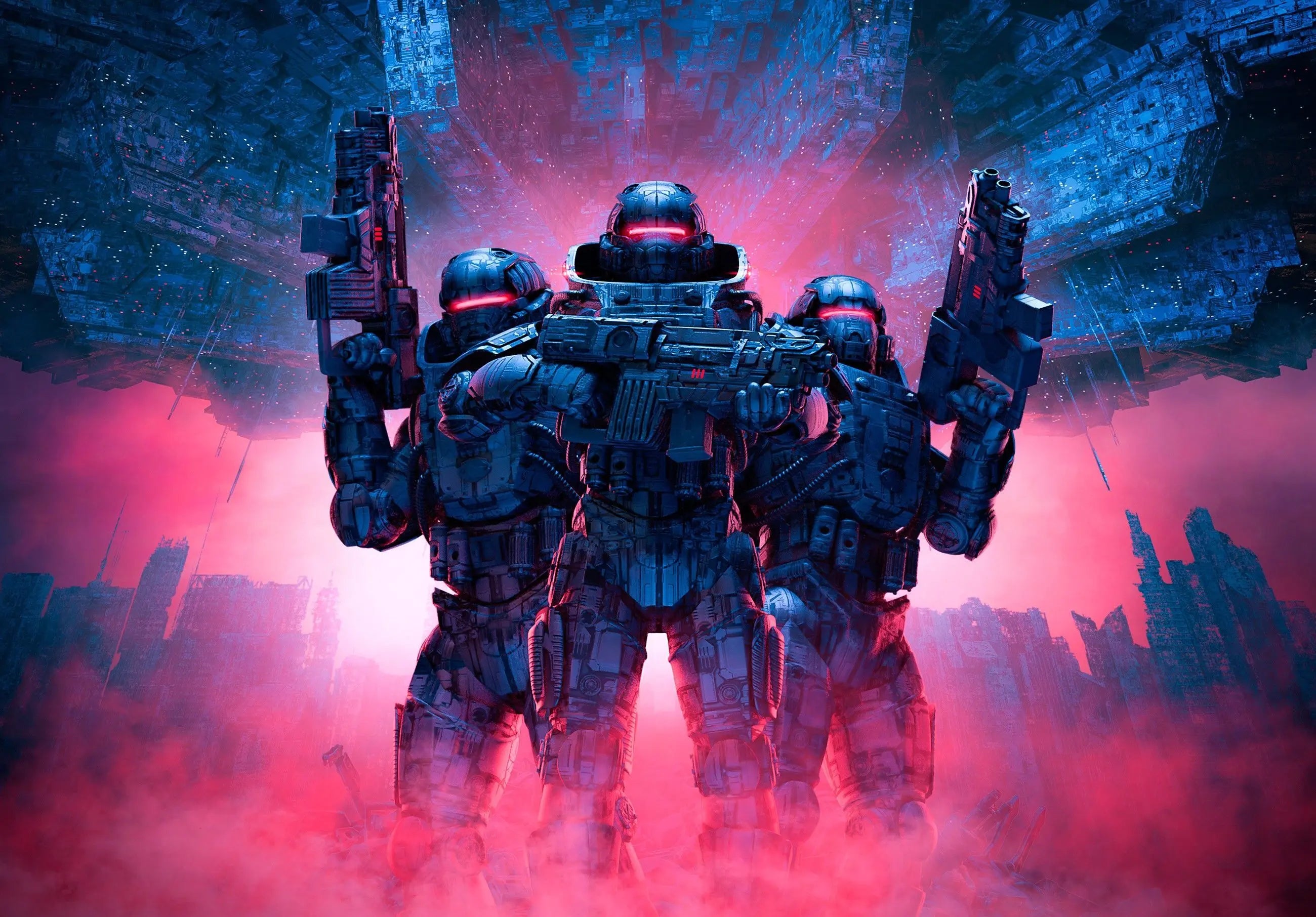 Billede 1 af Fototapet - Tre futuristiske soldater med våben i rød og blå science fiction by