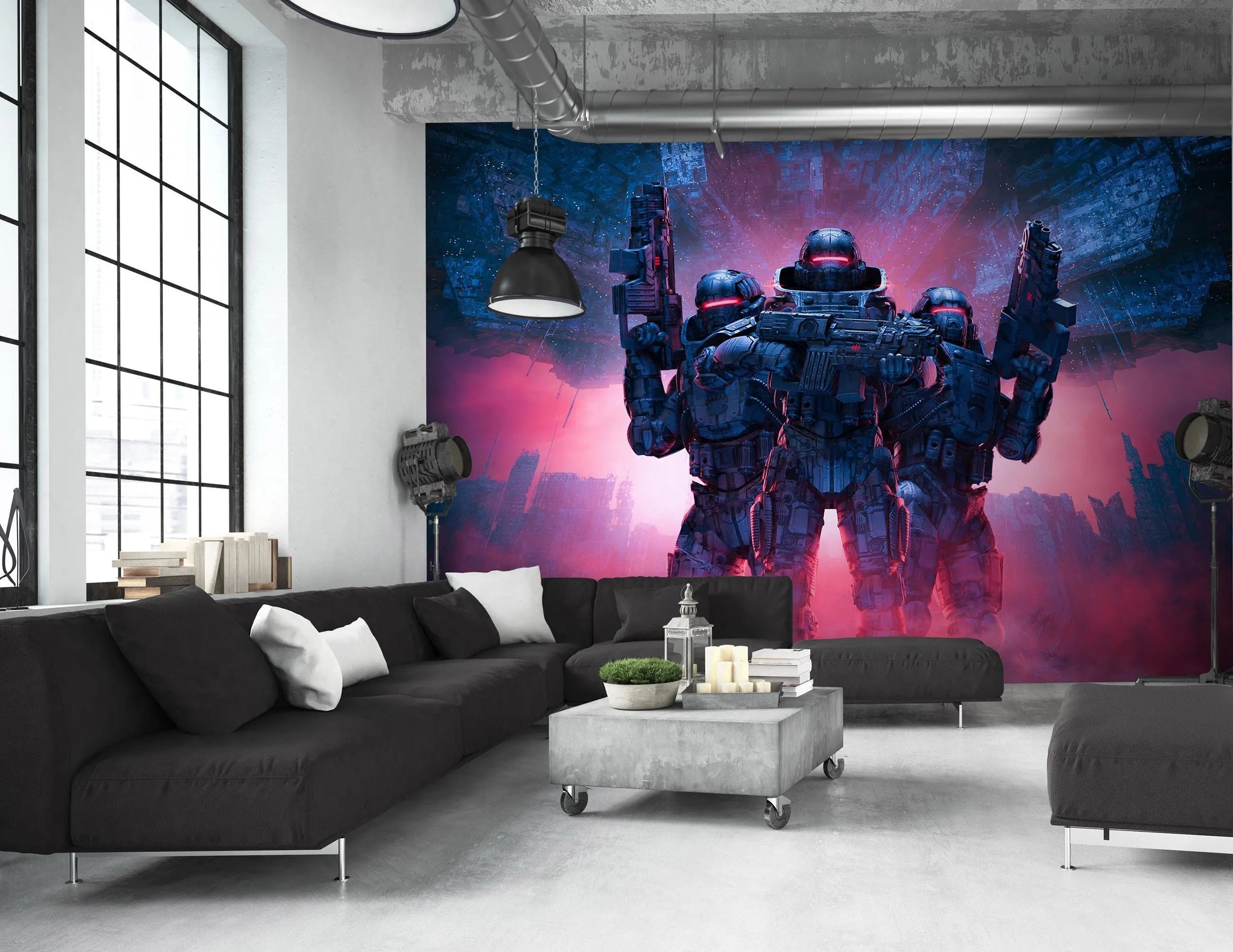 Billede 4 af Fototapet - Tre futuristiske soldater med våben i rød og blå science fiction by