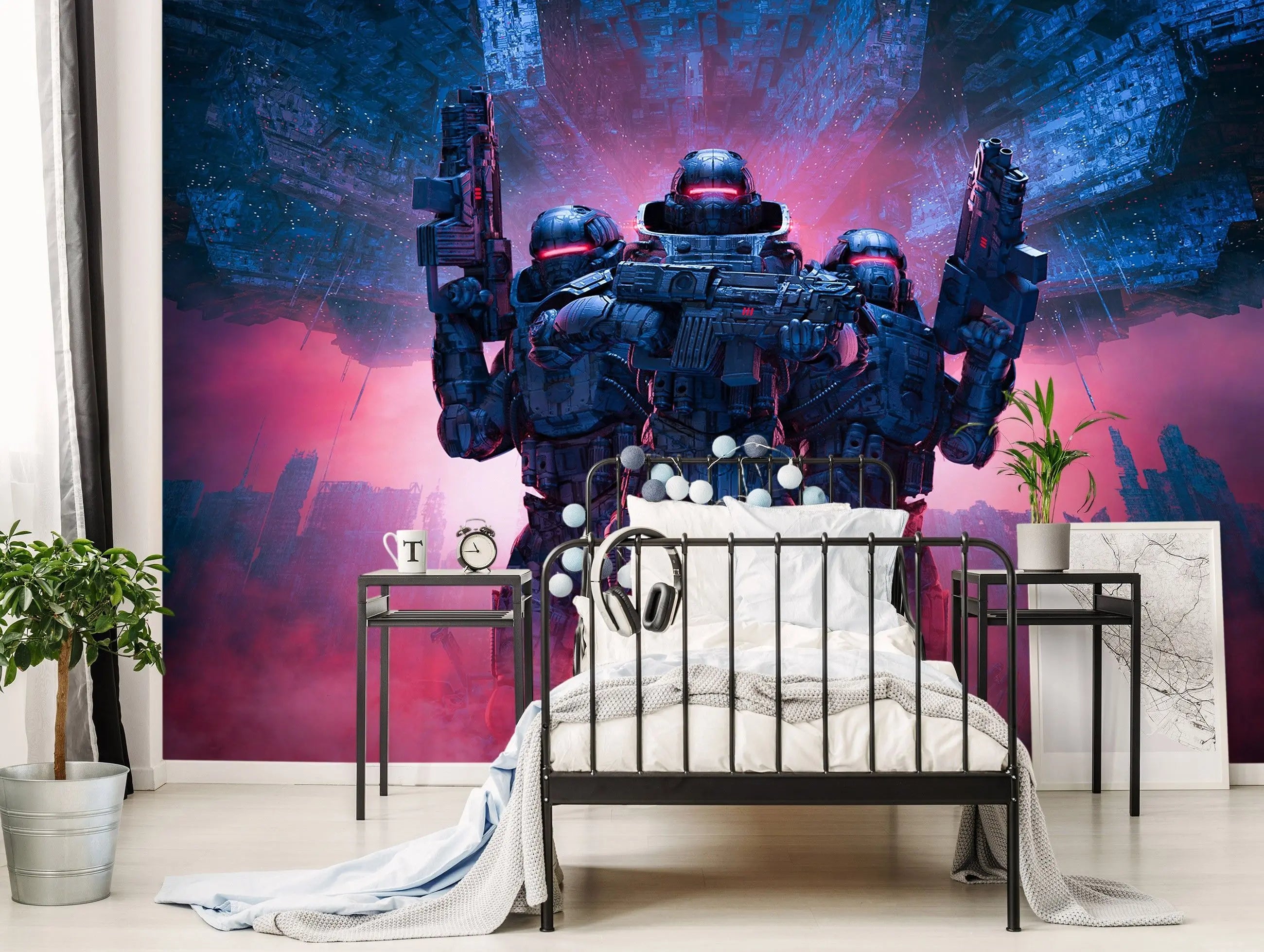 Billede 5 af Fototapet - Tre futuristiske soldater med våben i rød og blå science fiction by