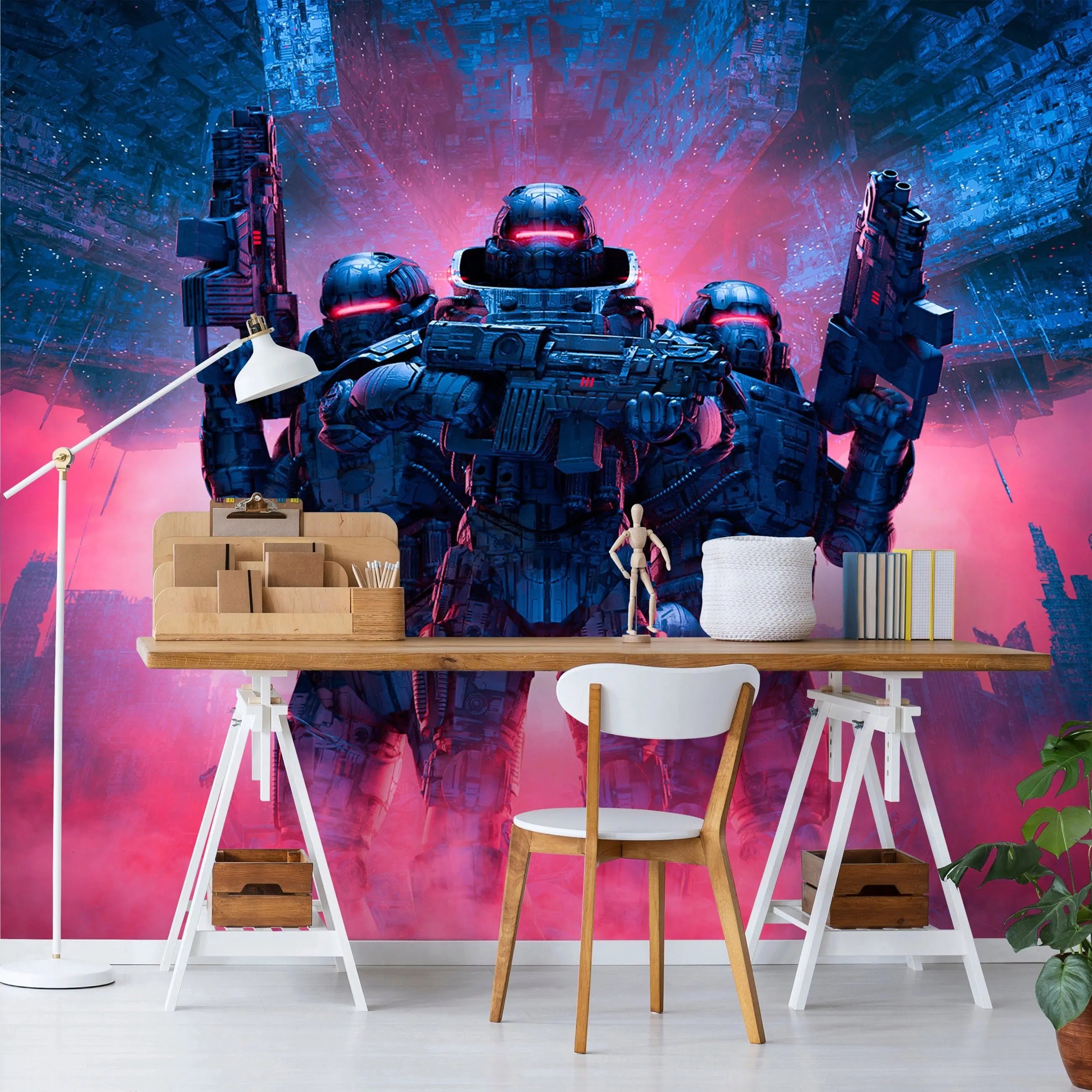 Billede 6 af Fototapet - Tre futuristiske soldater med våben i rød og blå science fiction by
