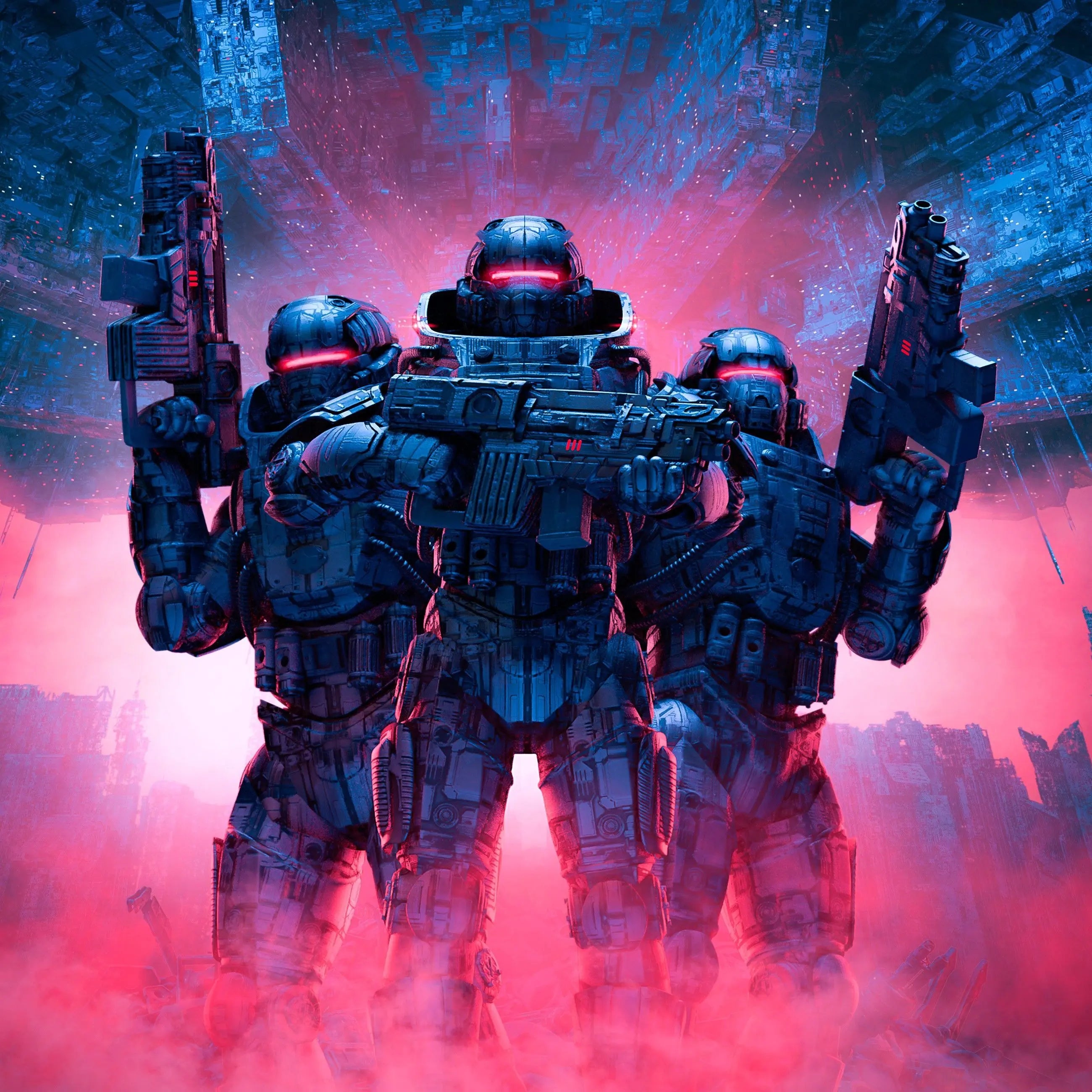 Billede 7 af Fototapet - Tre futuristiske soldater med våben i rød og blå science fiction by