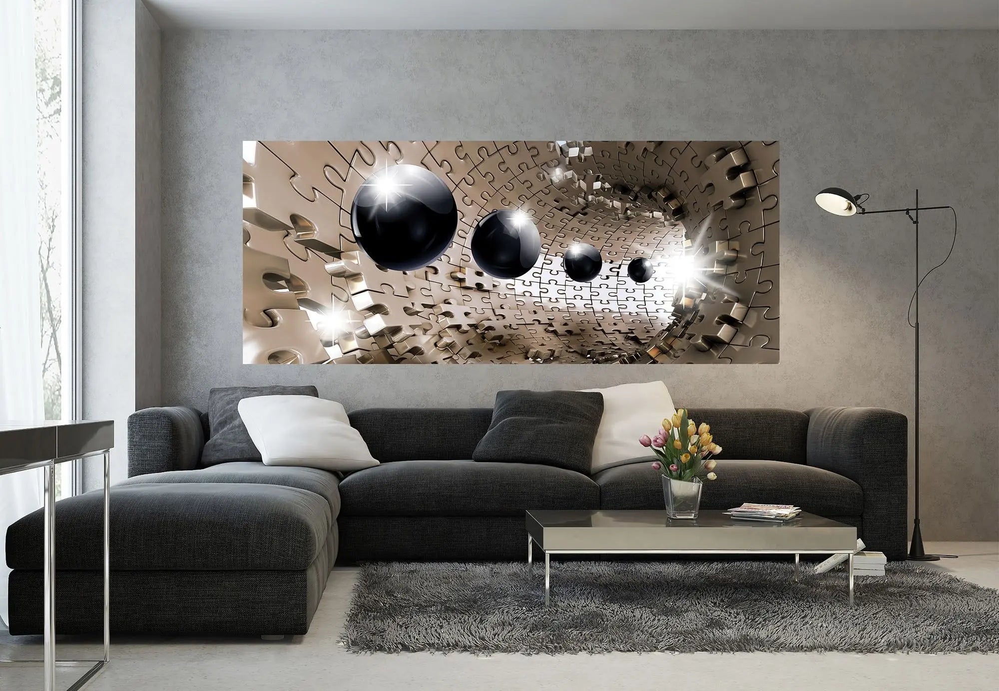 Billede 5 af Fototapet - Tredimensionel puslespil tunnel med sorte kugler og lysglimt