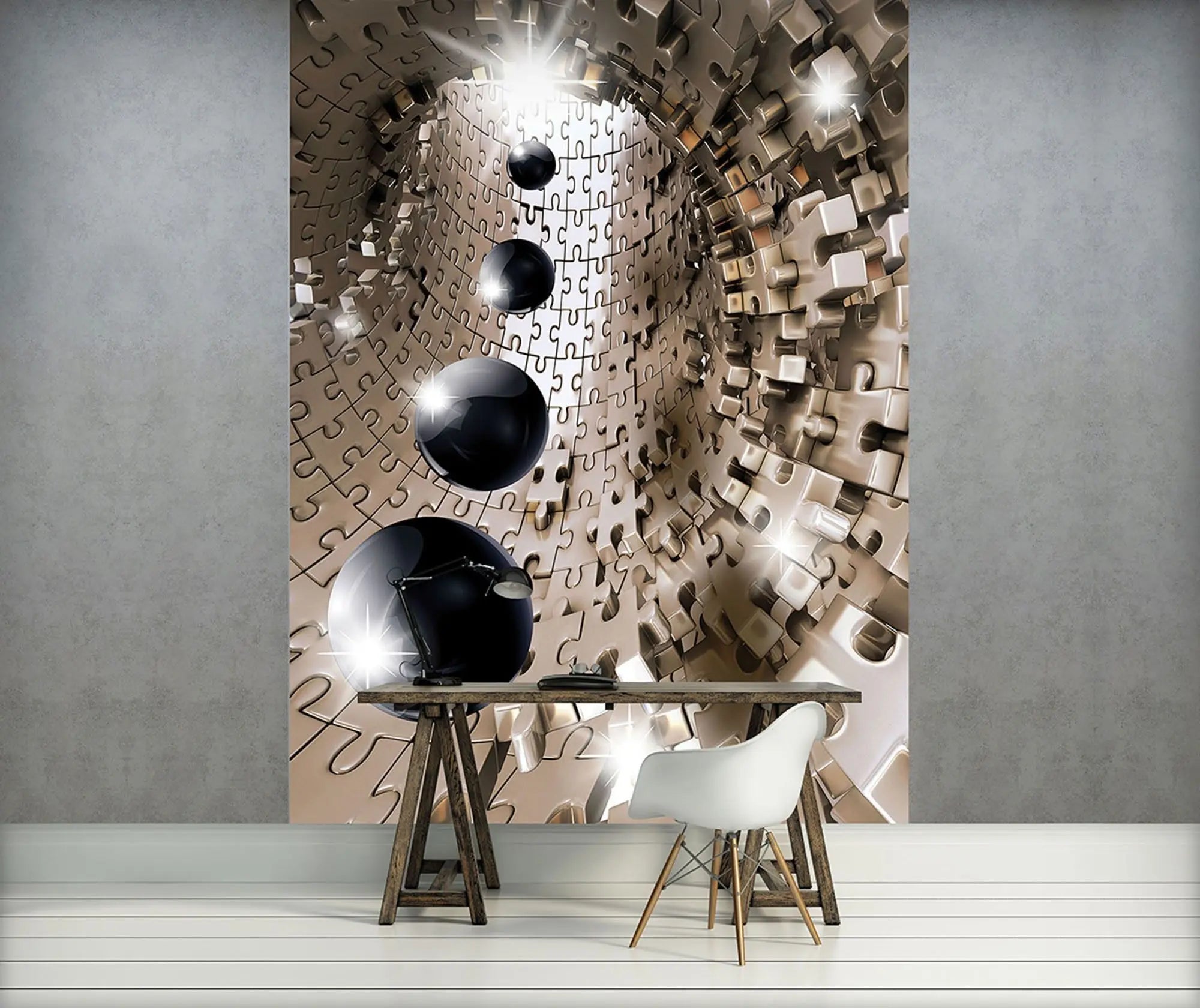 Billede 7 af Fototapet - Tredimensionel puslespil tunnel med sorte kugler og lysglimt