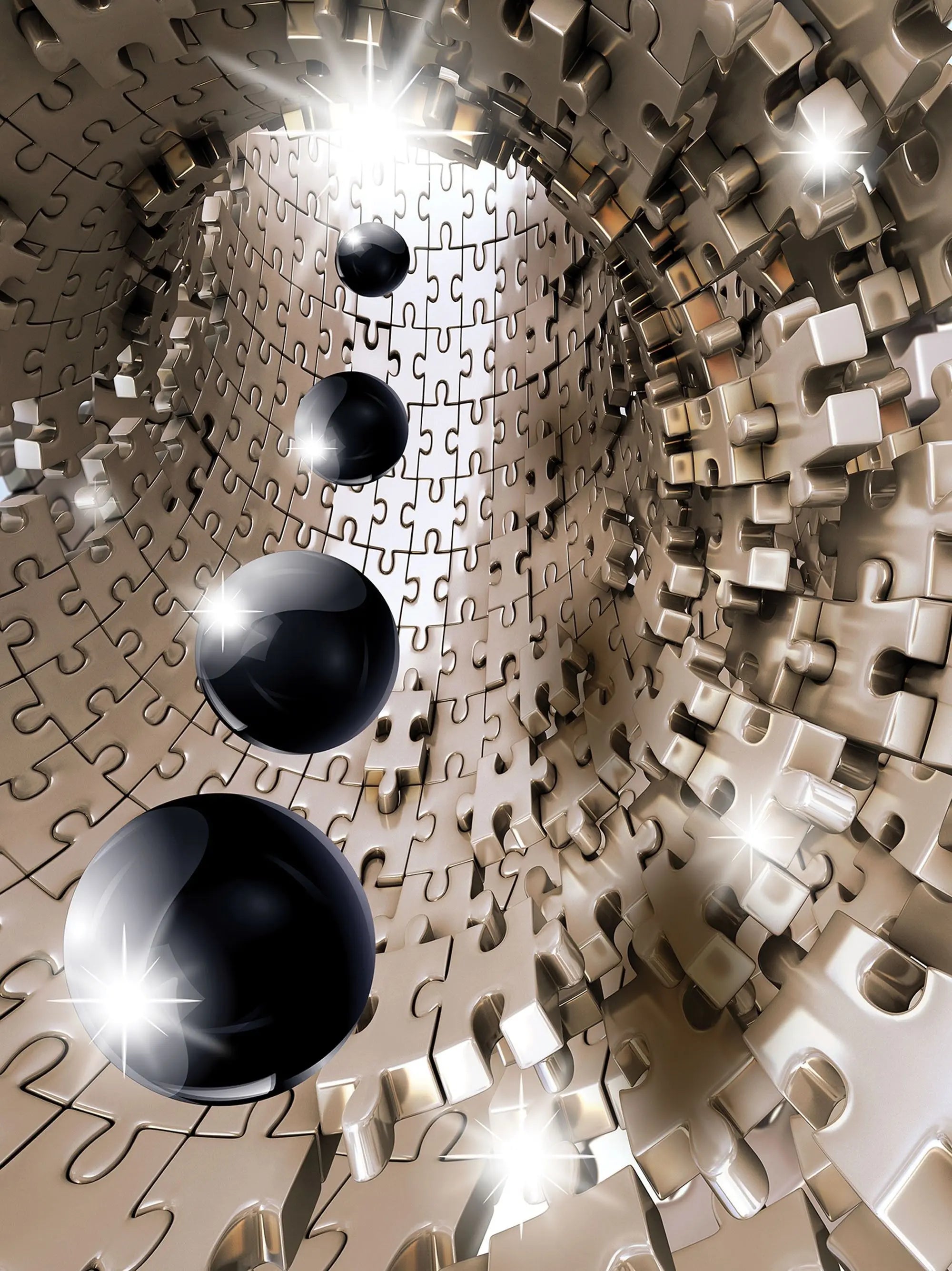 Billede 8 af Fototapet - Tredimensionel puslespil tunnel med sorte kugler og lysglimt