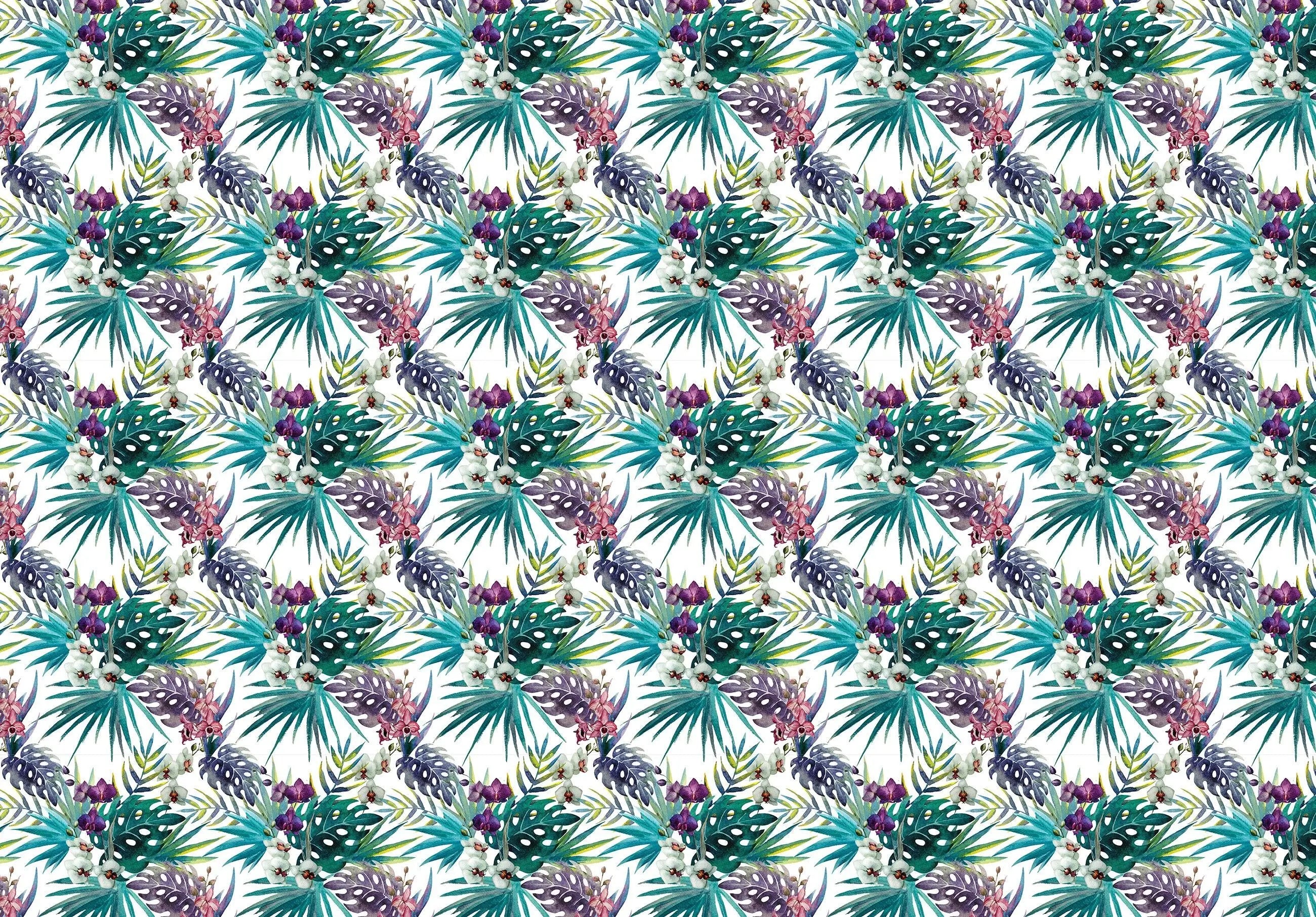 Billede 4 af Fototapet - Tropisk blad- og blomsterprint med grønne palmeblade og lilla blomster