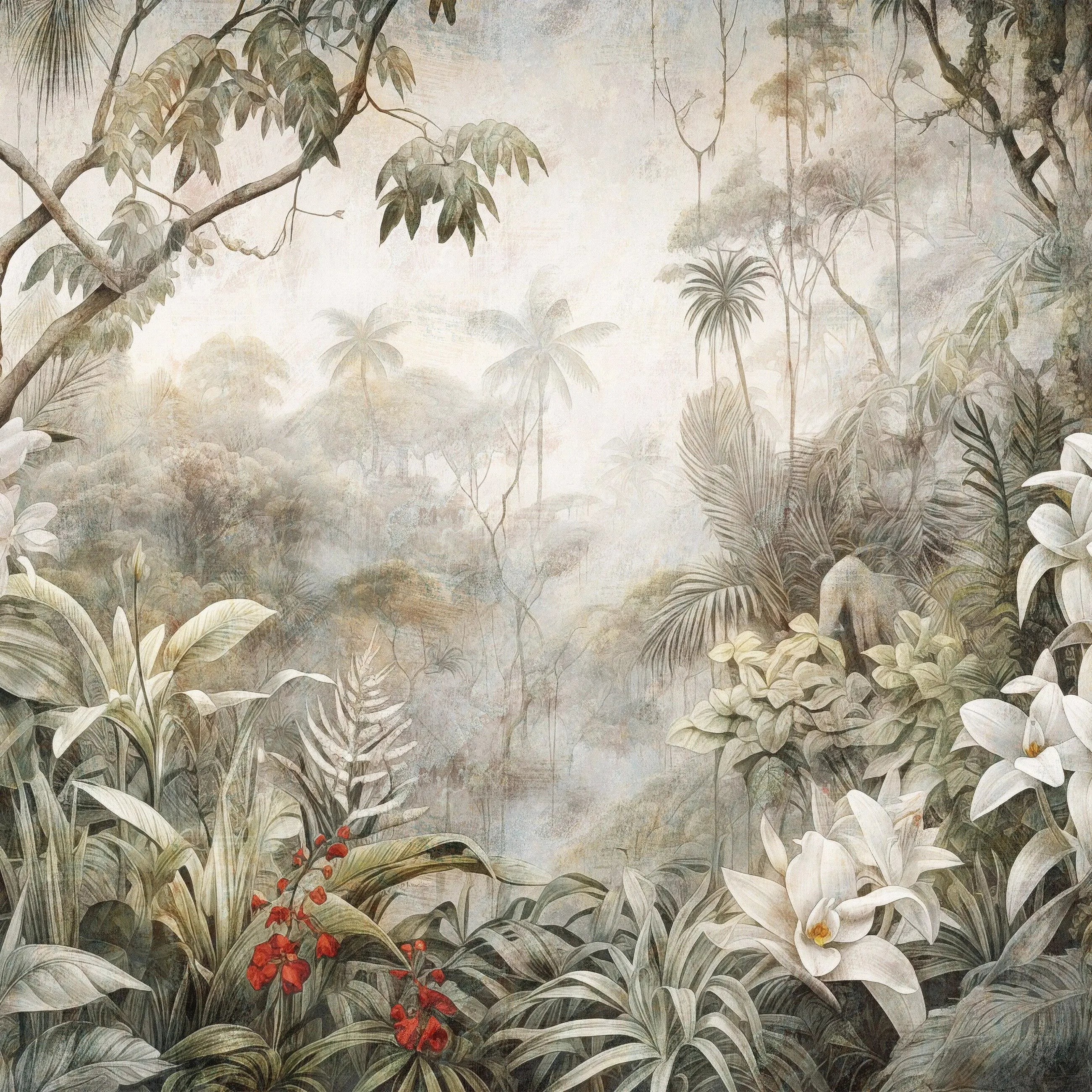 Billede 7 af Fototapet - Tropisk jungle med hvide orkidéer og palmetræer