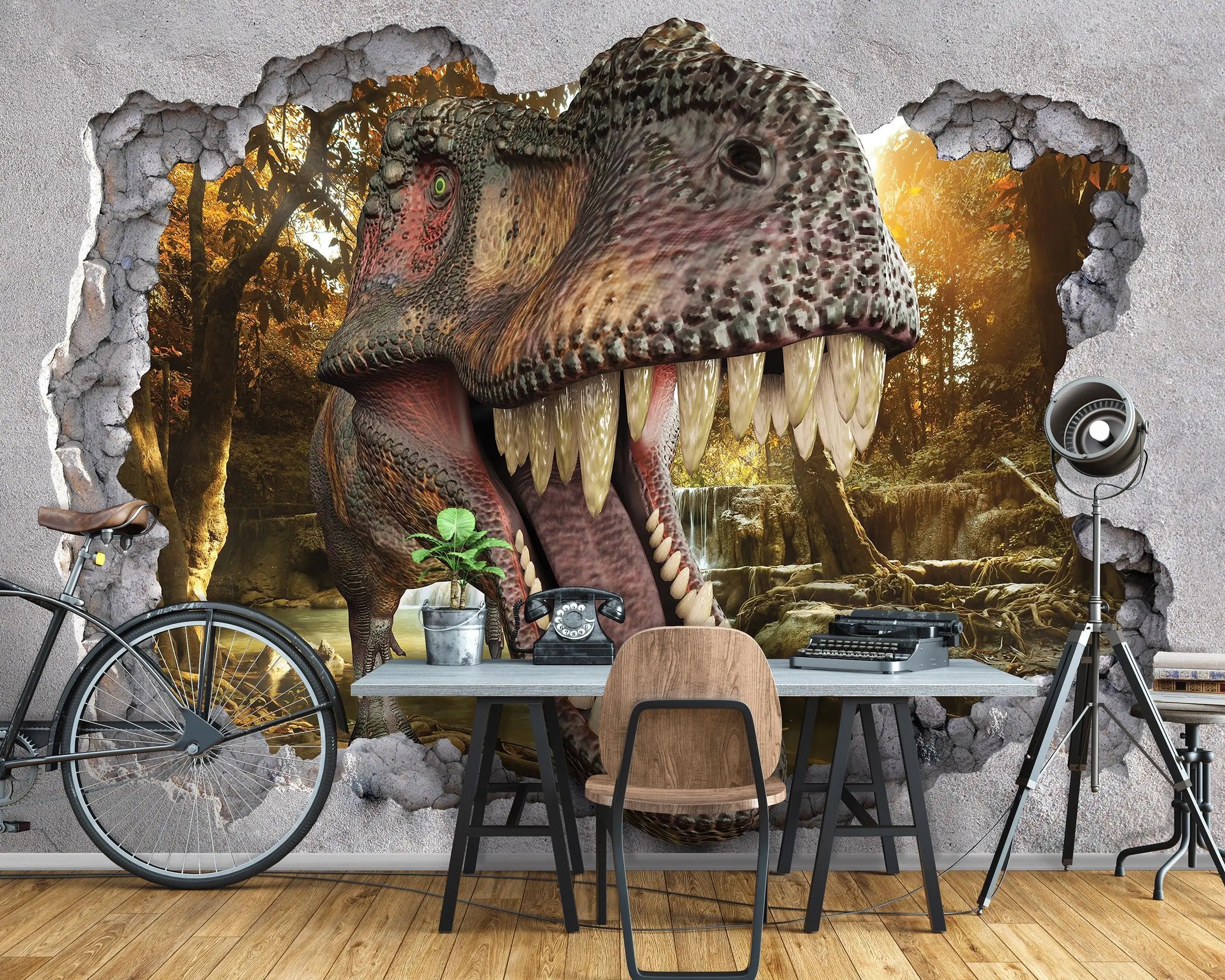 Billede 10 af Fototapet - Tyrannosaurus Rex Hoved Gennem Knækket Mur med Skovbaggrund