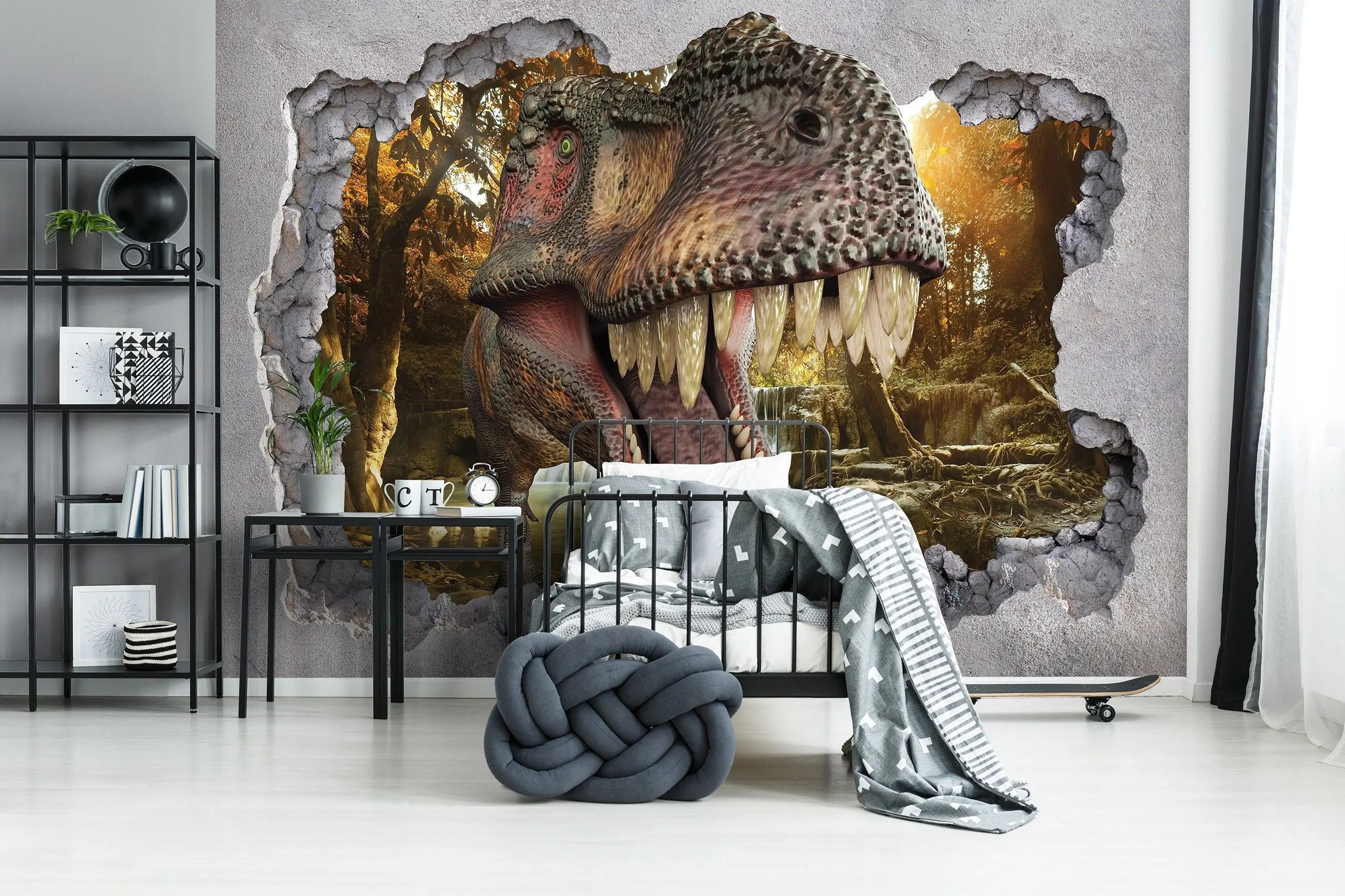 Billede 12 af Fototapet - Tyrannosaurus Rex Hoved Gennem Knækket Mur med Skovbaggrund