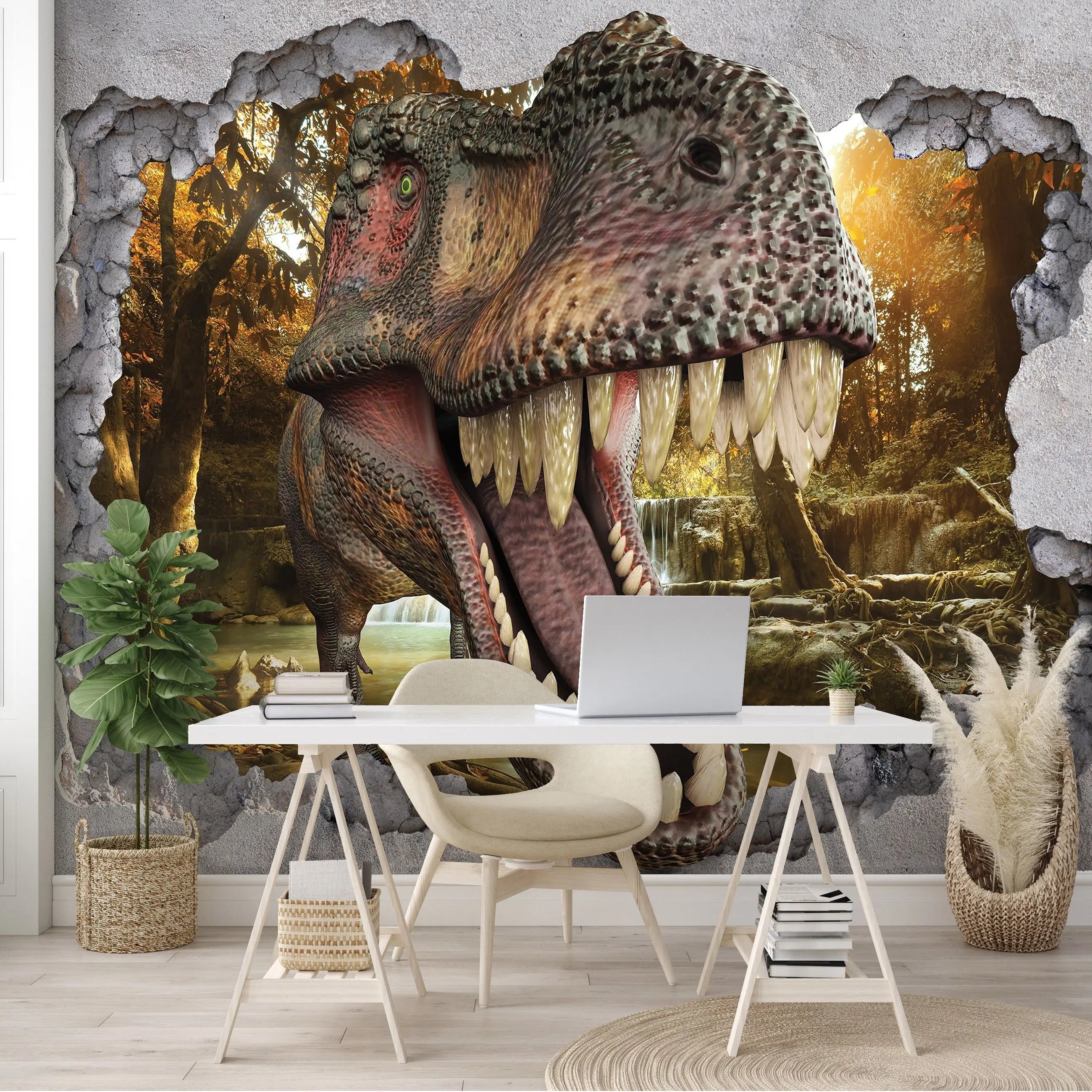 Billede 14 af Fototapet - Tyrannosaurus Rex Hoved Gennem Knækket Mur med Skovbaggrund