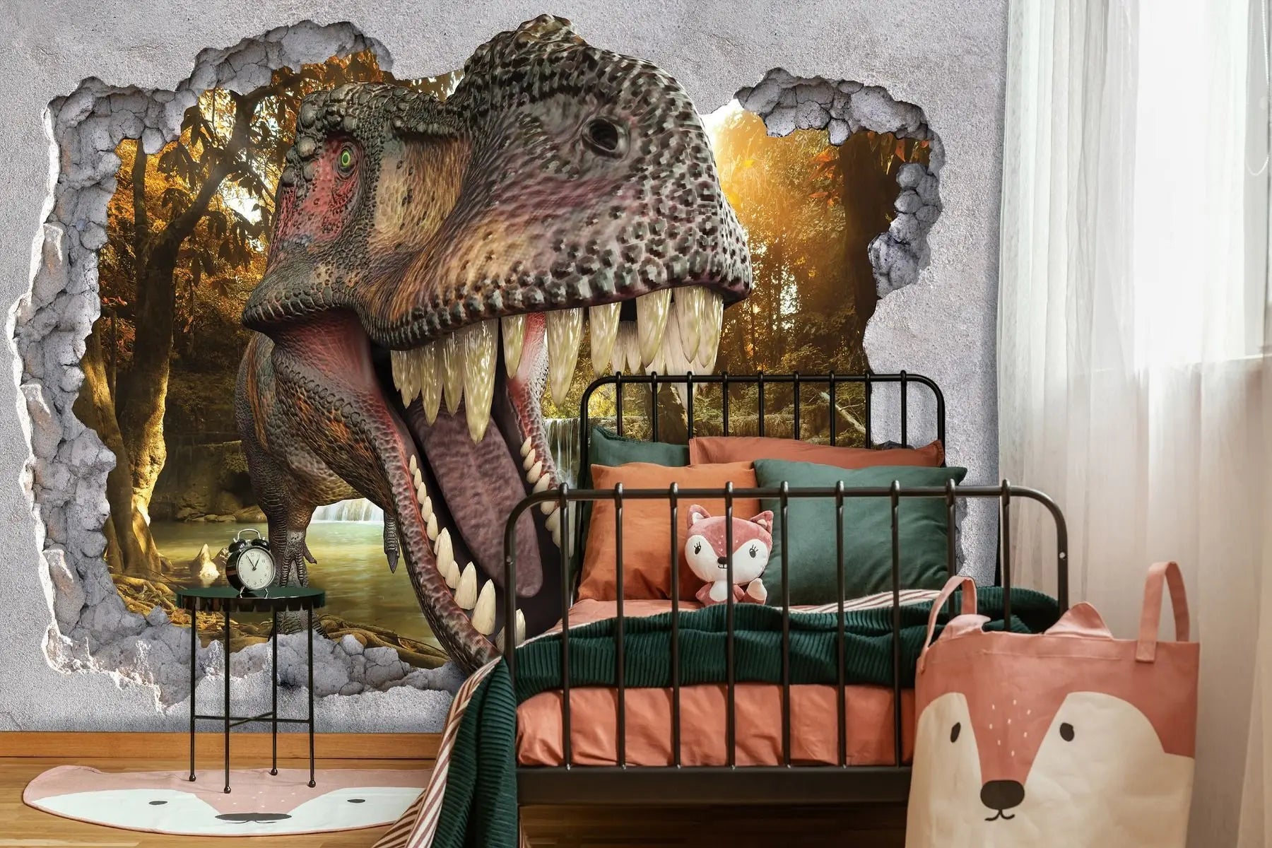 Billede 3 af Fototapet - Tyrannosaurus Rex Hoved Gennem Knækket Mur med Skovbaggrund