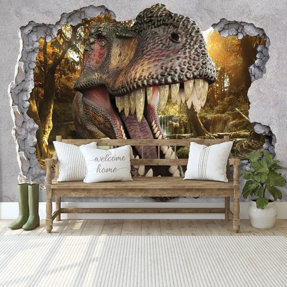 Billede 5 af Fototapet - Tyrannosaurus Rex Hoved Gennem Knækket Mur med Skovbaggrund