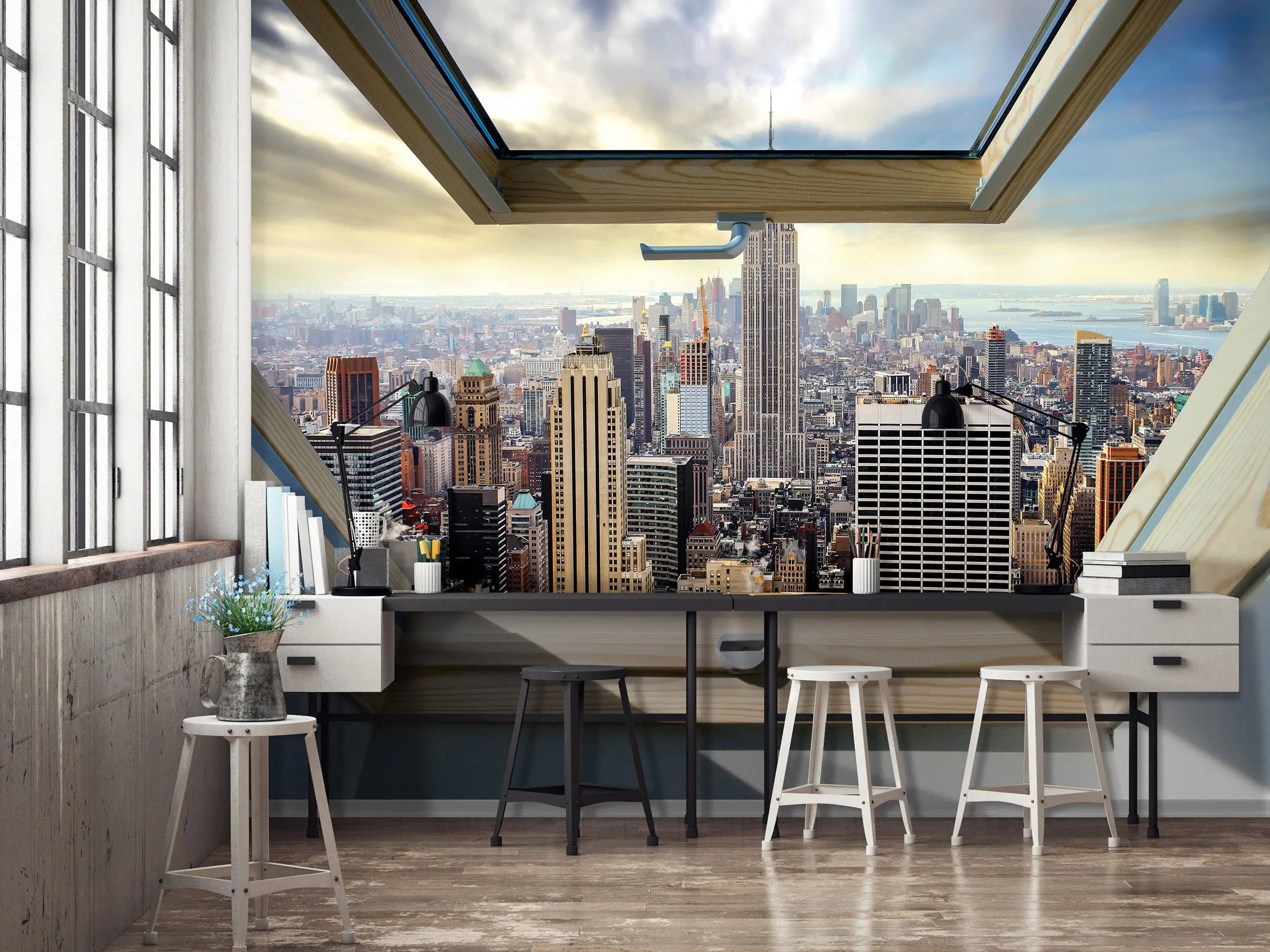 Billede 4 af Fototapet - Udsigt over Manhattan, New York City, gennem tagvindue