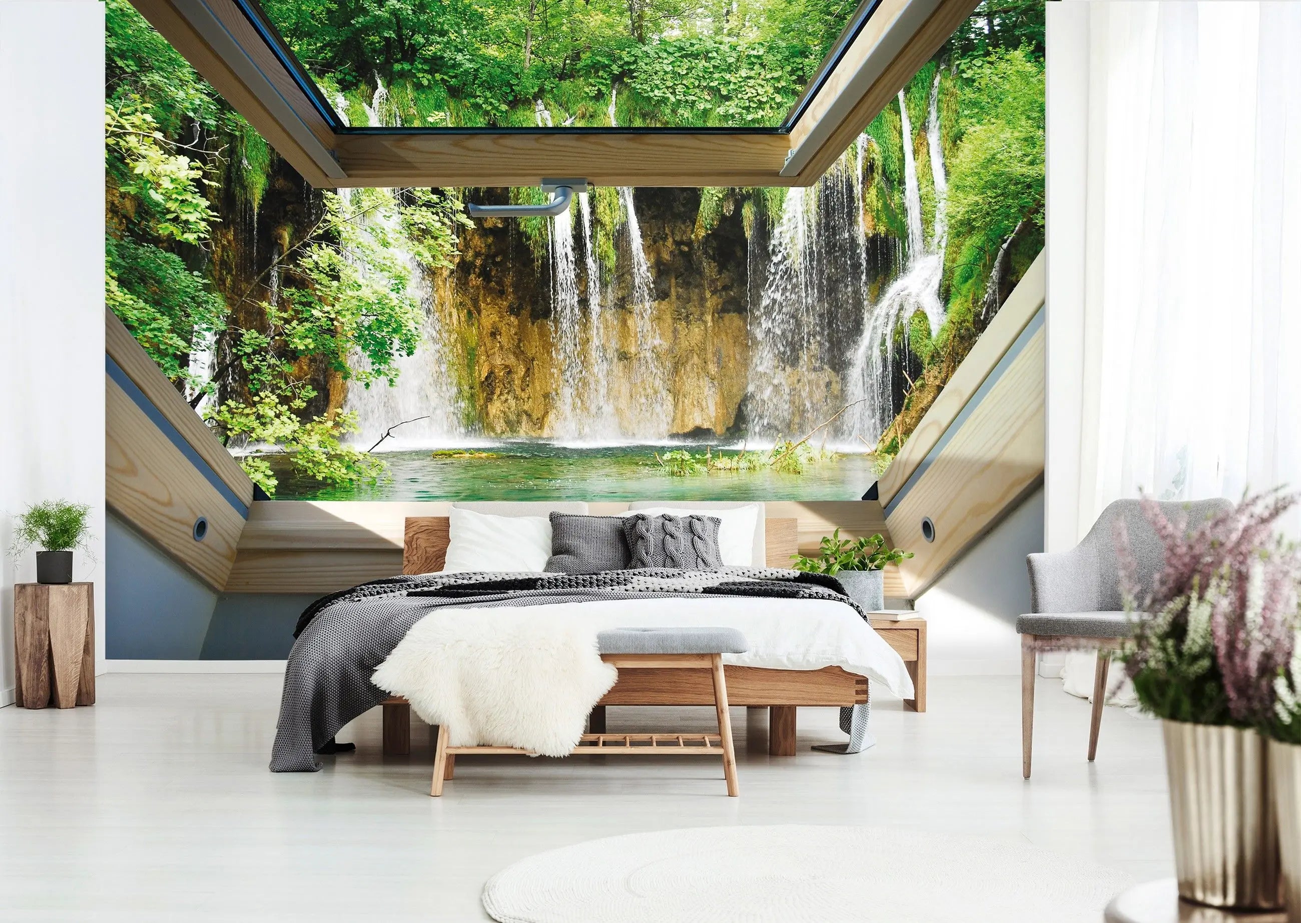 Billede 3 af Fototapet - Udsigt til vandfald gennem åbent ovenlysvindue