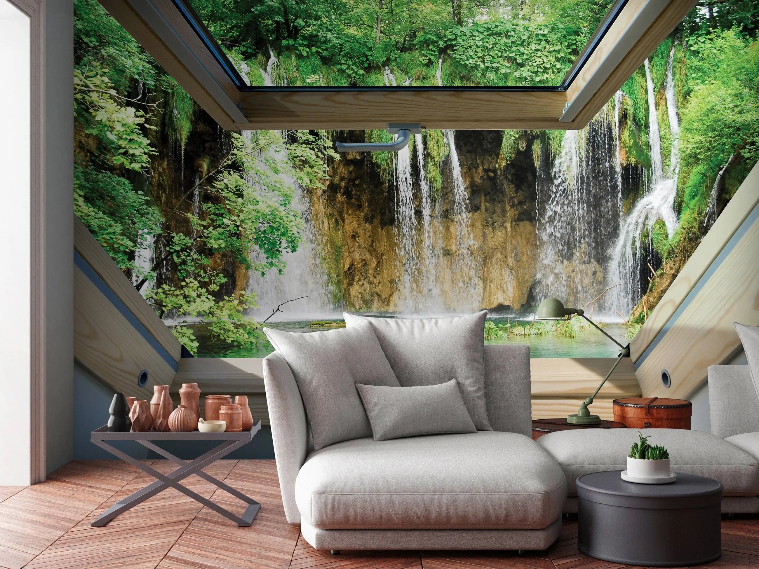 Billede 4 af Fototapet - Udsigt til vandfald gennem åbent ovenlysvindue