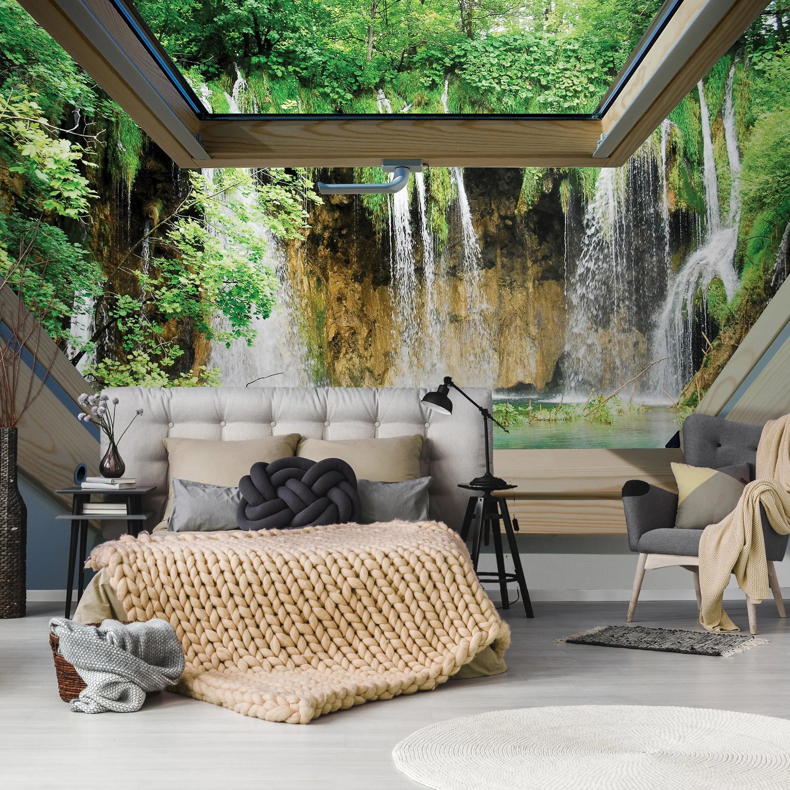 Billede 5 af Fototapet - Udsigt til vandfald gennem åbent ovenlysvindue