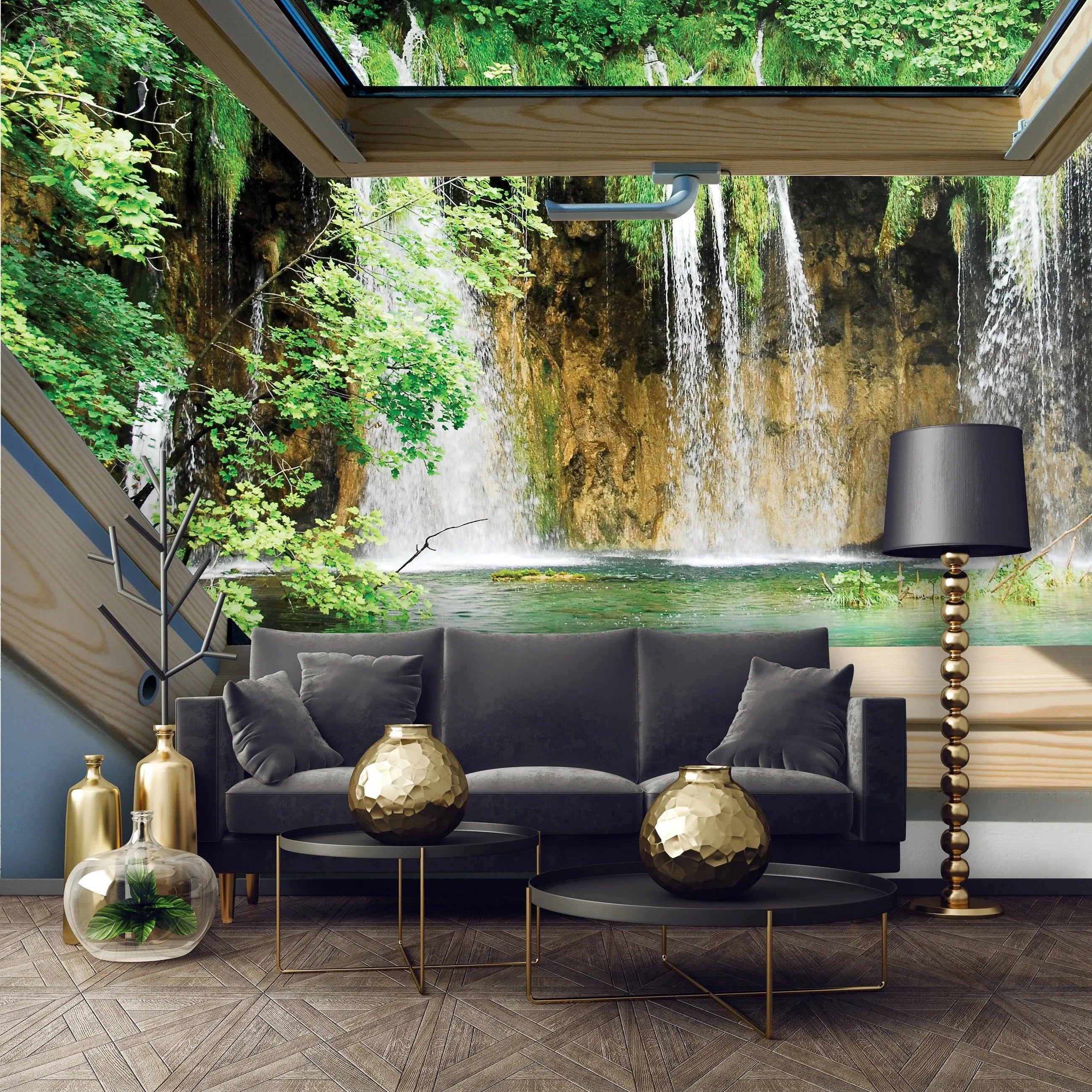 Billede 6 af Fototapet - Udsigt til vandfald gennem åbent ovenlysvindue