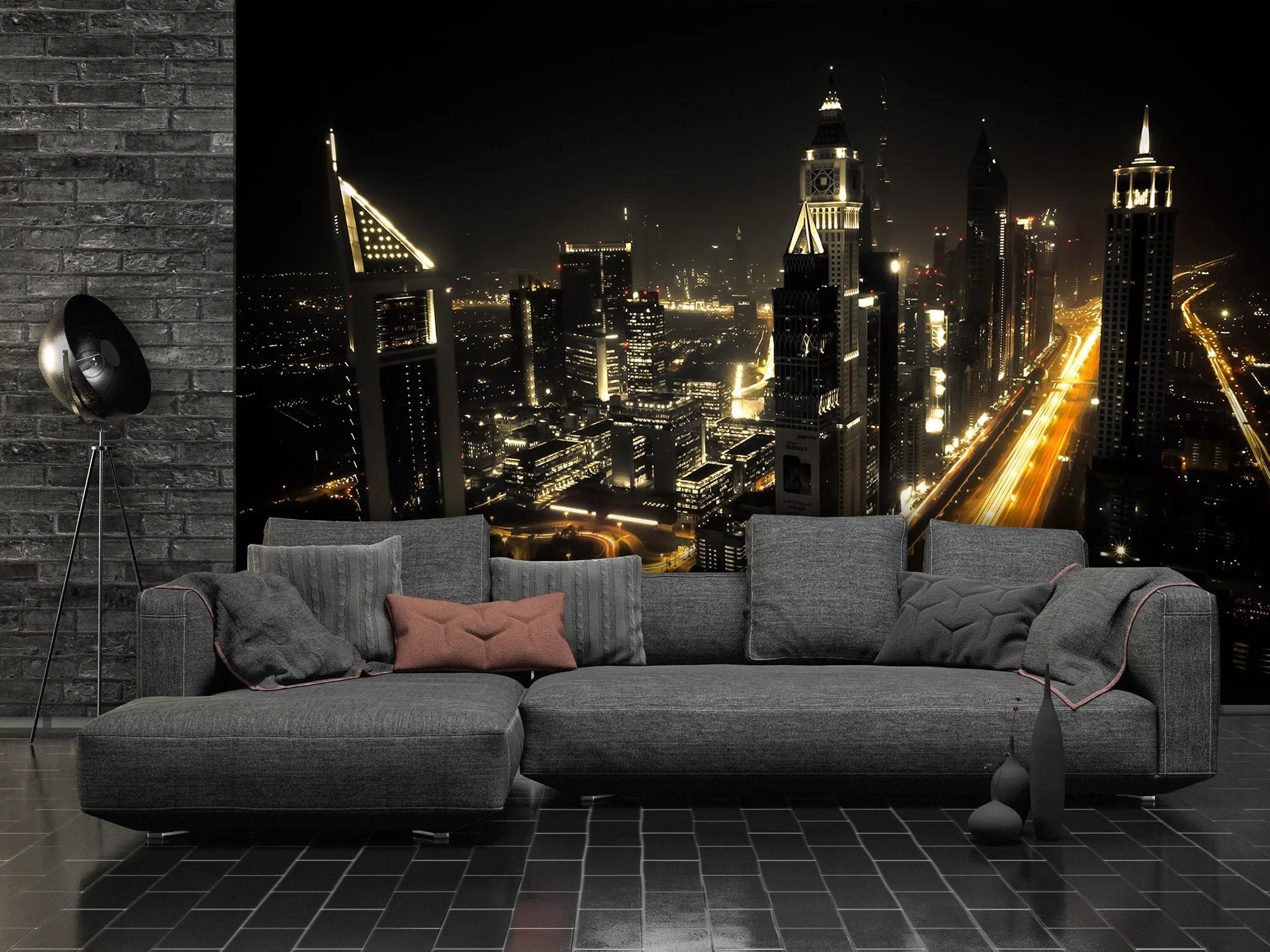 Billede 11 af Fototapet - Udsigten om natten over oplyste skyskrabere og motorvej i Dubai