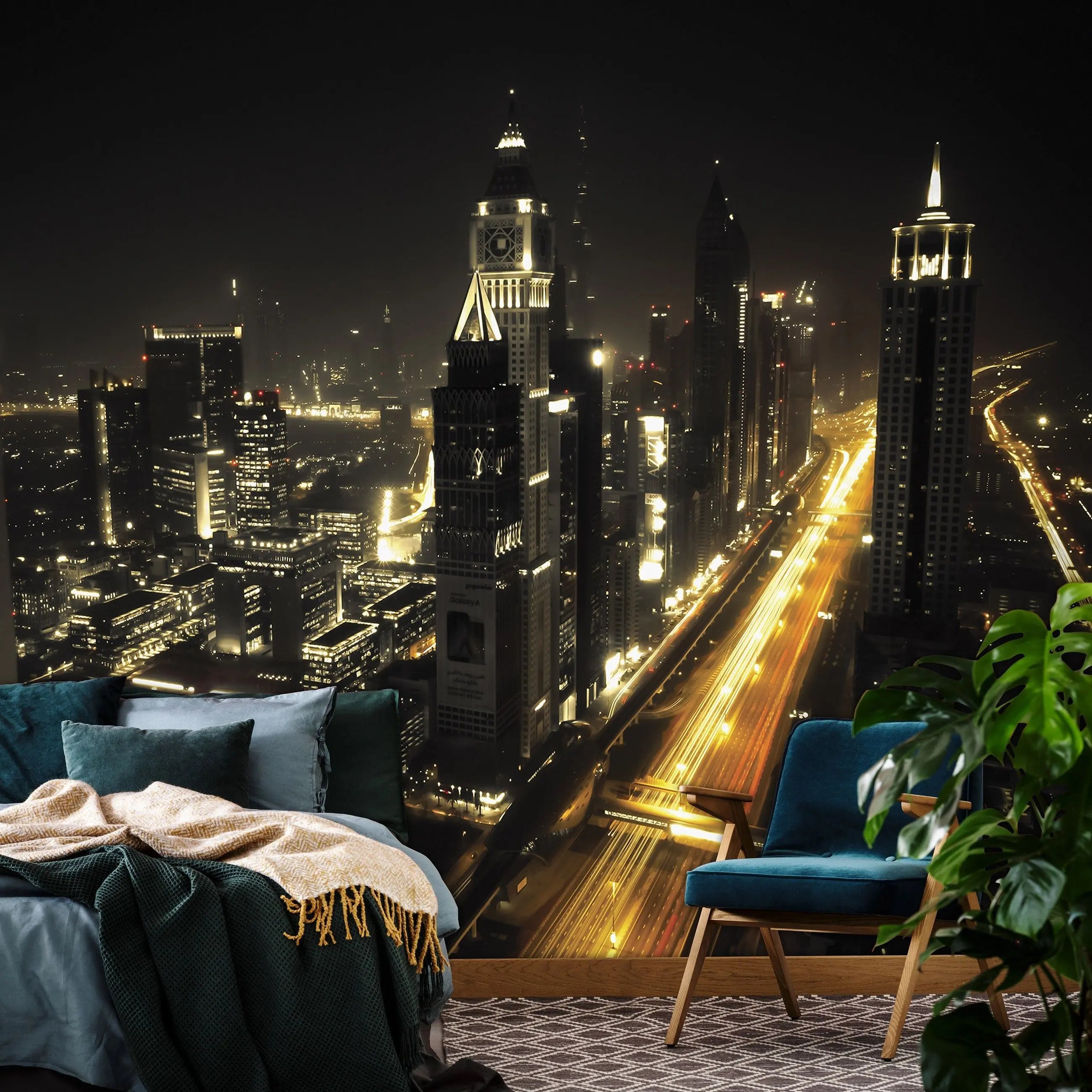 Billede 14 af Fototapet - Udsigten om natten over oplyste skyskrabere og motorvej i Dubai