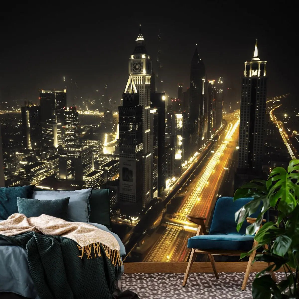 Billede 6 af Fototapet - Udsigten om natten over oplyste skyskrabere og motorvej i Dubai