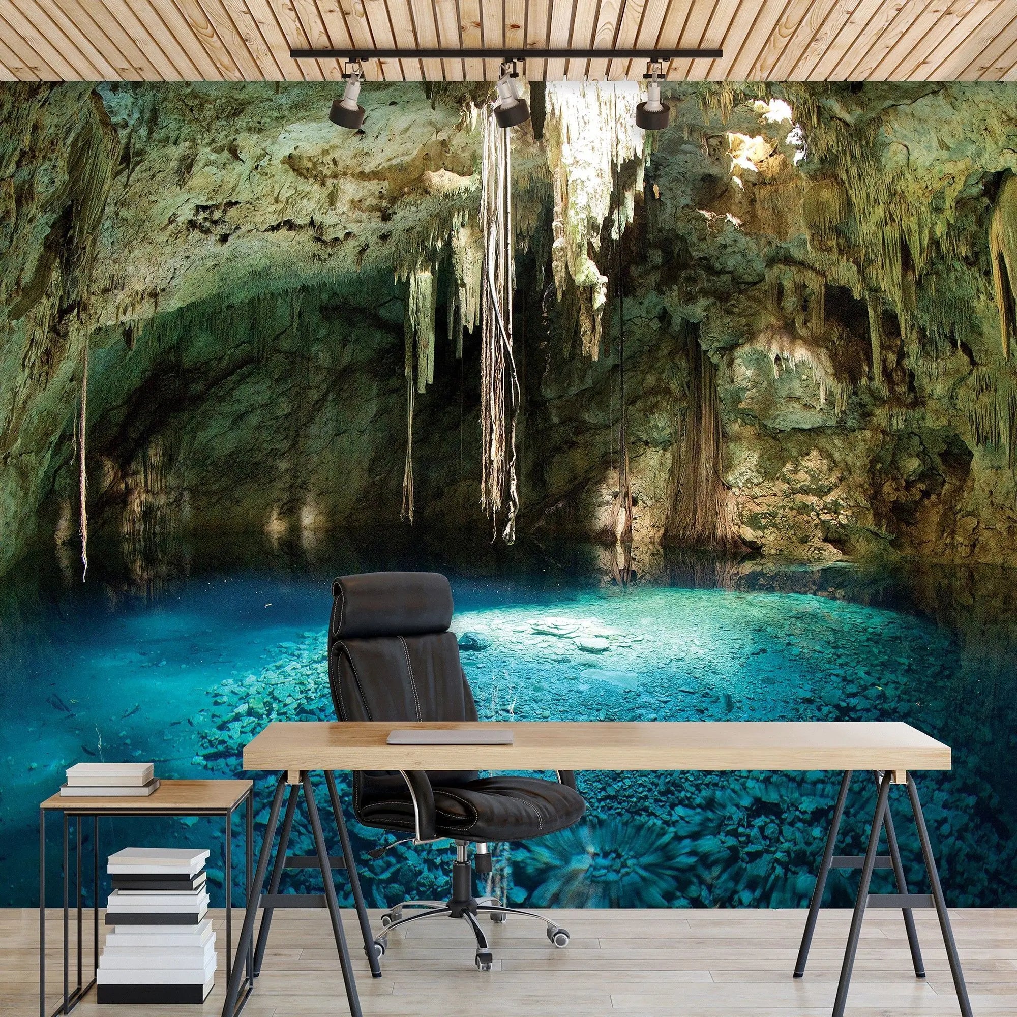 Billede 3 af Fototapet - Underjordisk grotte med azurblåt vand og stalaktitter