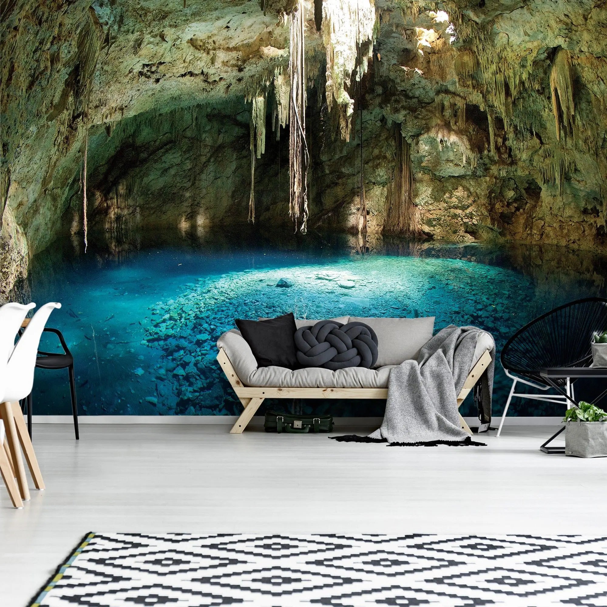 Billede 4 af Fototapet - Underjordisk grotte med azurblåt vand og stalaktitter