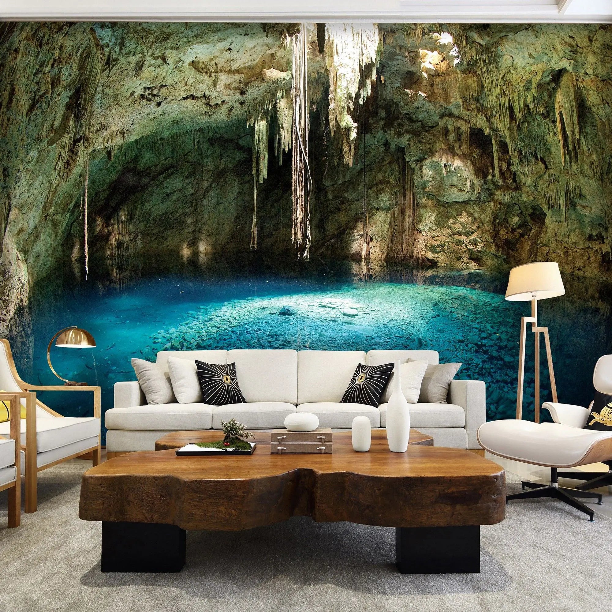 Billede 5 af Fototapet - Underjordisk grotte med azurblåt vand og stalaktitter