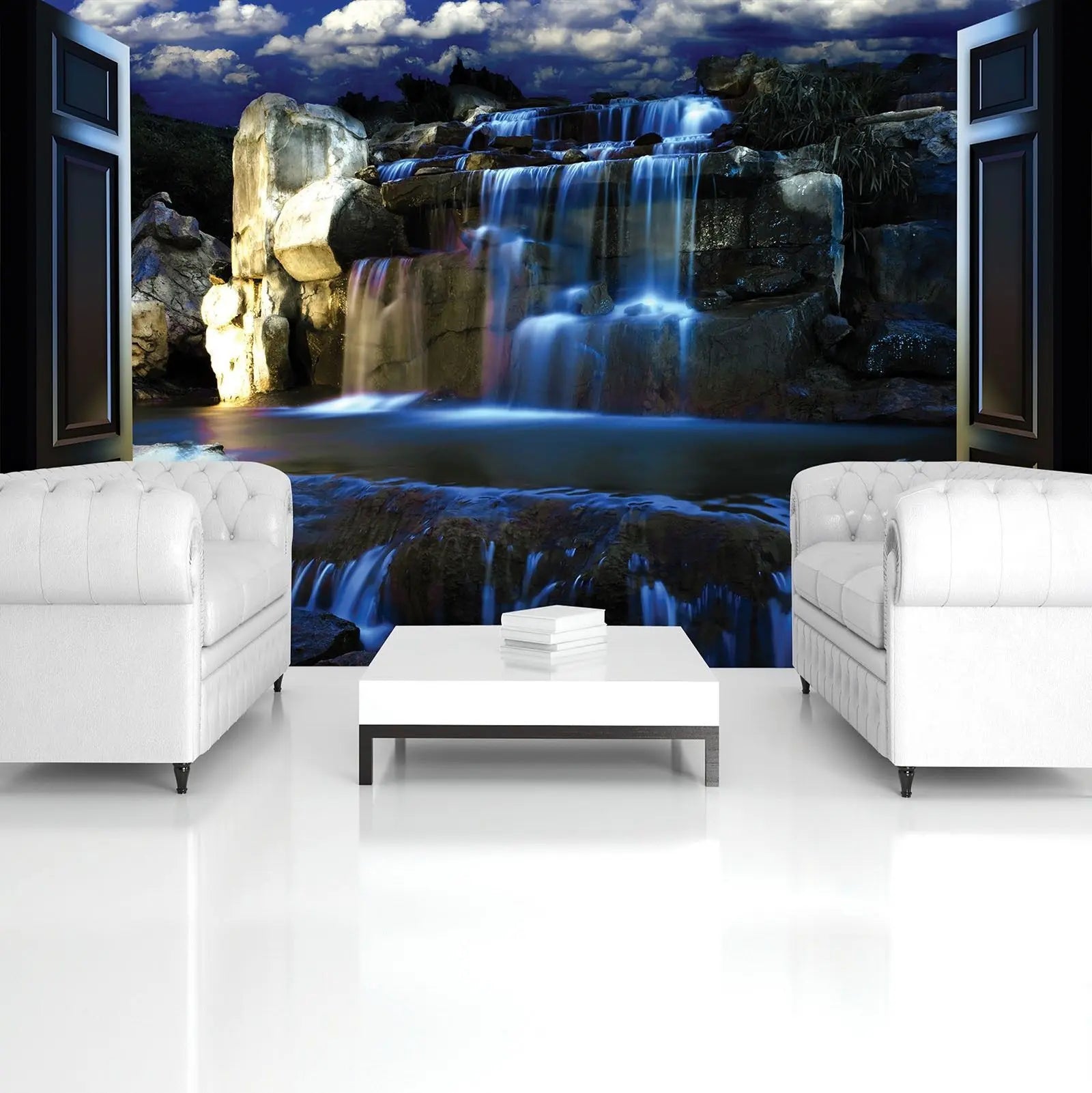 Billede 6 af Fototapet - Vandfald om natten set gennem åbne døre