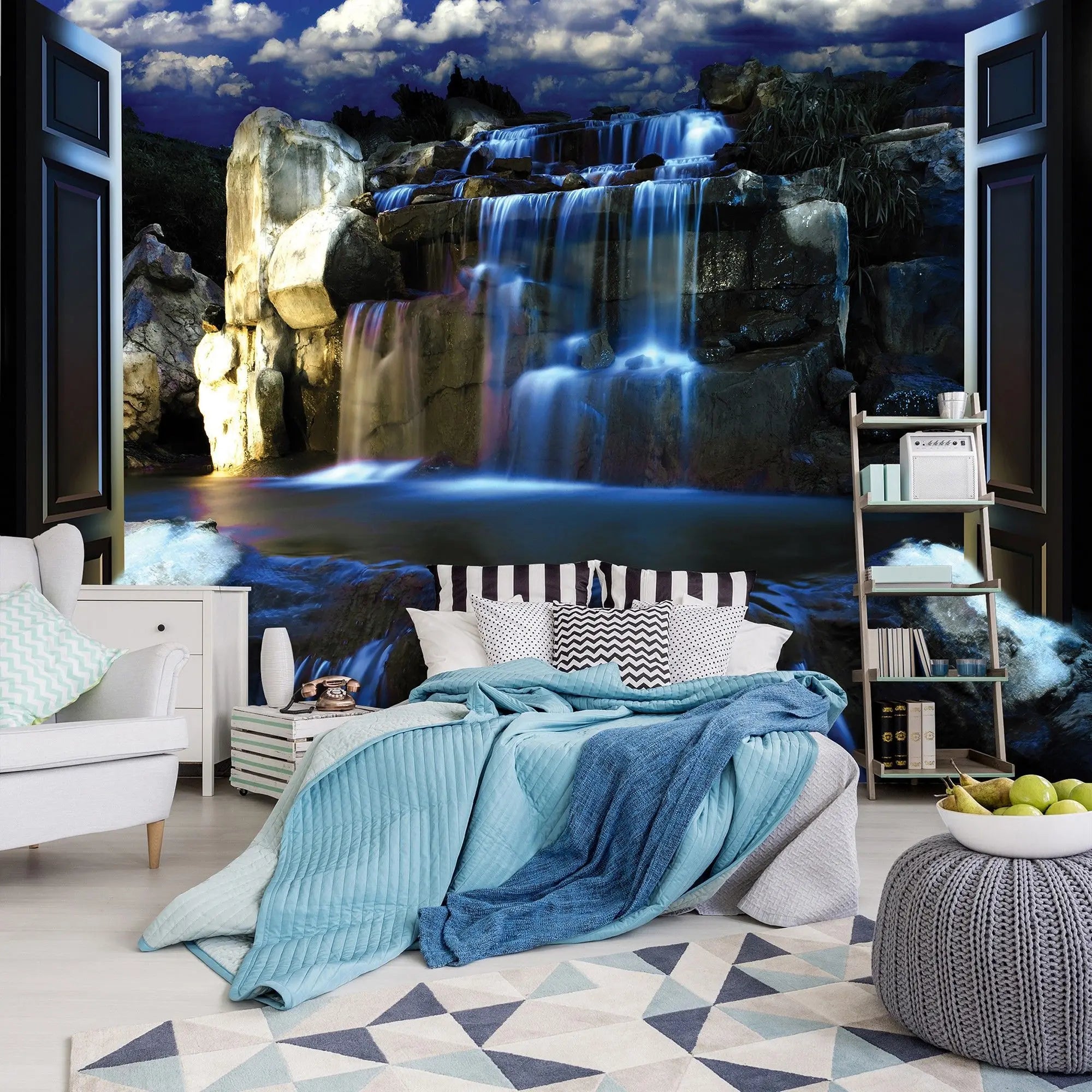 Billede 7 af Fototapet - Vandfald om natten set gennem åbne døre