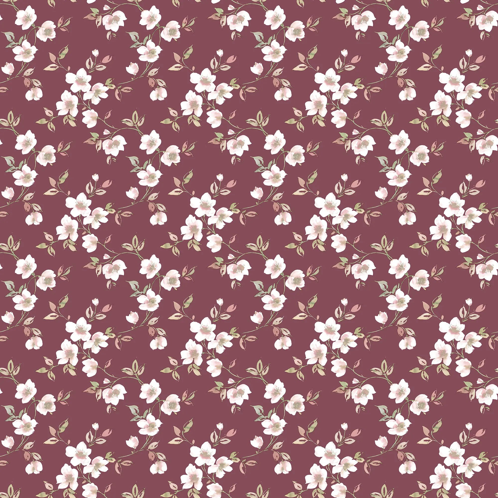 Detaljeret visning af Veiled Windflowers - Crimson tapet med delikate hvide blomster på en dyb rød baggrund.